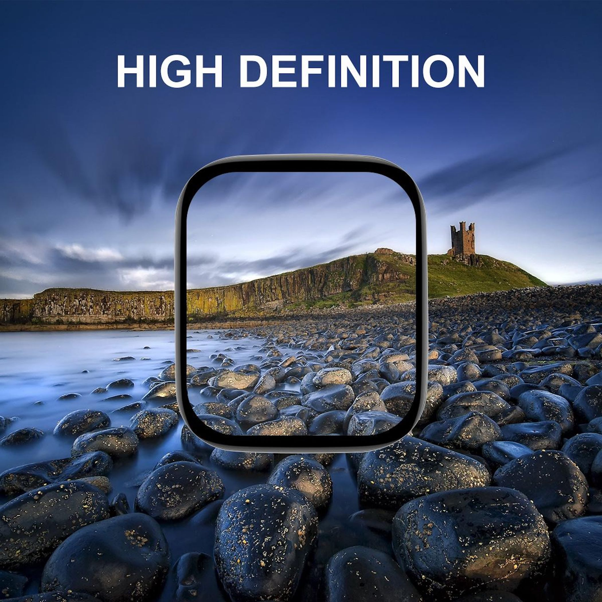 Ein Uhren-Display zeigt eine felsige Küste mit einem Turm. "HIGH DEFINITION" steht oben.