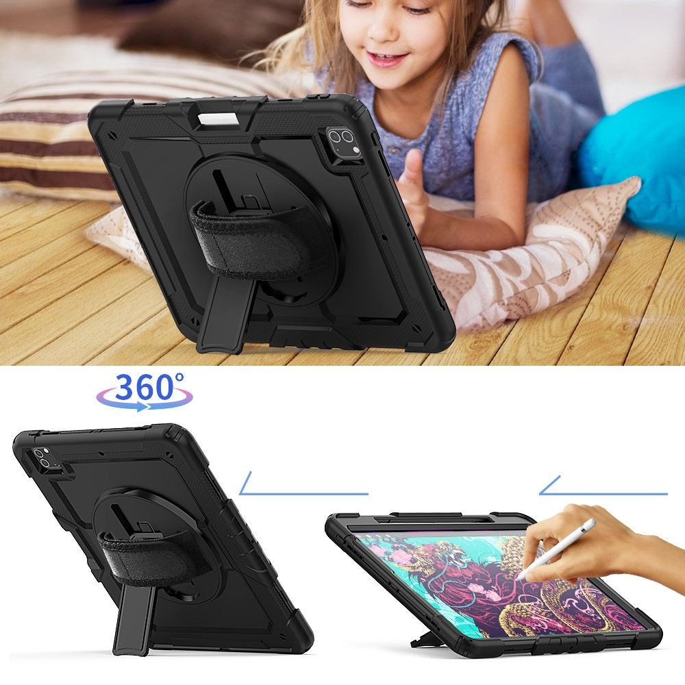 Schwarze iPad-Hülle mit Ständer und Handschlaufe, gezeigt mit einem Mädchen und einem Stift.