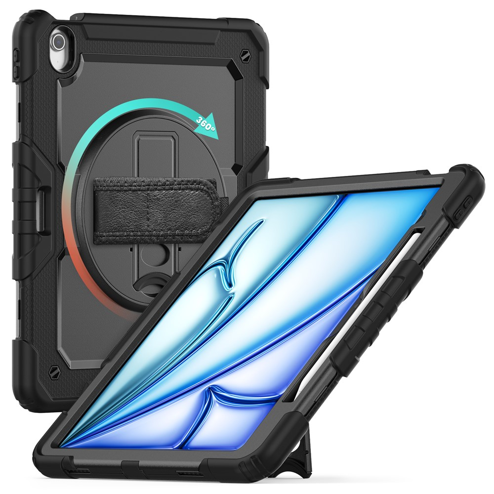 Schwarze Hülle für ein Tablet mit 360-Grad-Drehfunktion und Ständer.