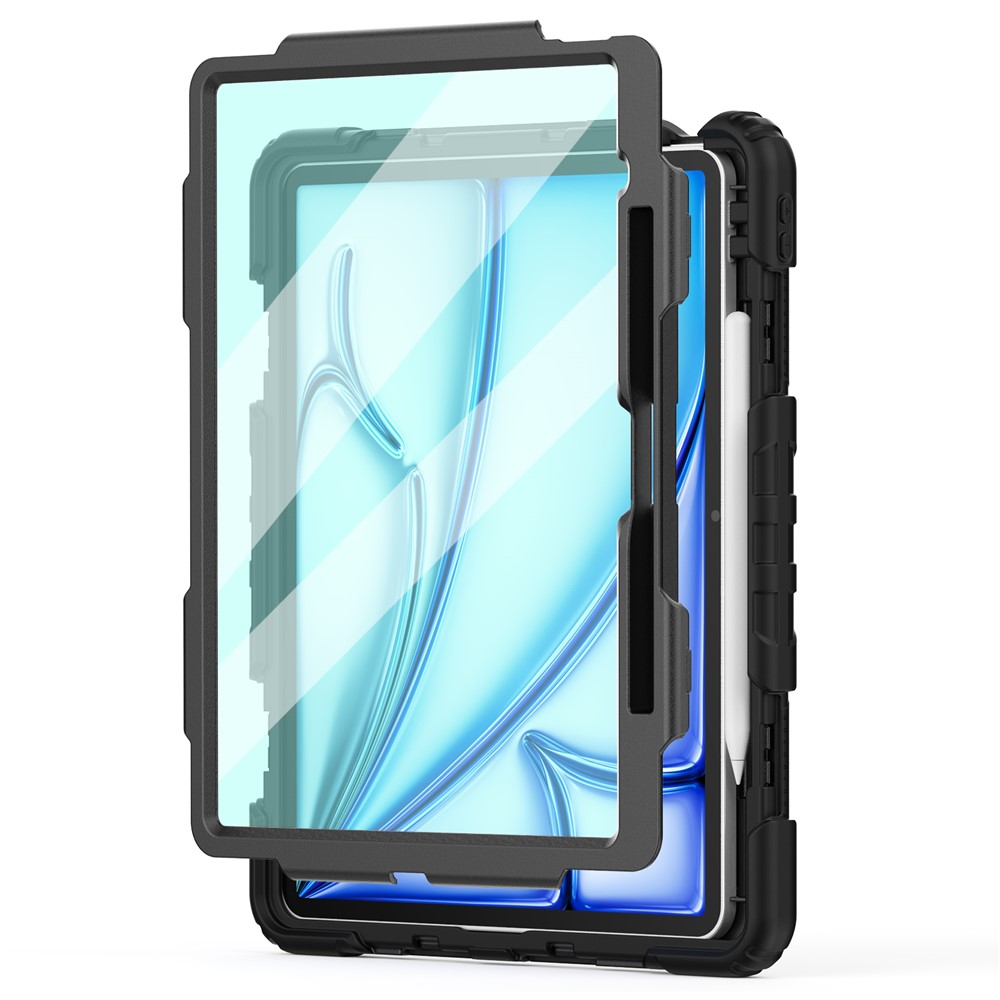 Eine schwarze, robuste Tablet-Hülle mit Displayschutzfolie und Stifthalter.