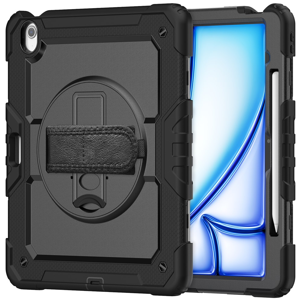 Schwarze Tablet-Hülle mit Ständer und Handgriff, daneben ein Tablet mit blauem Bildschirm.