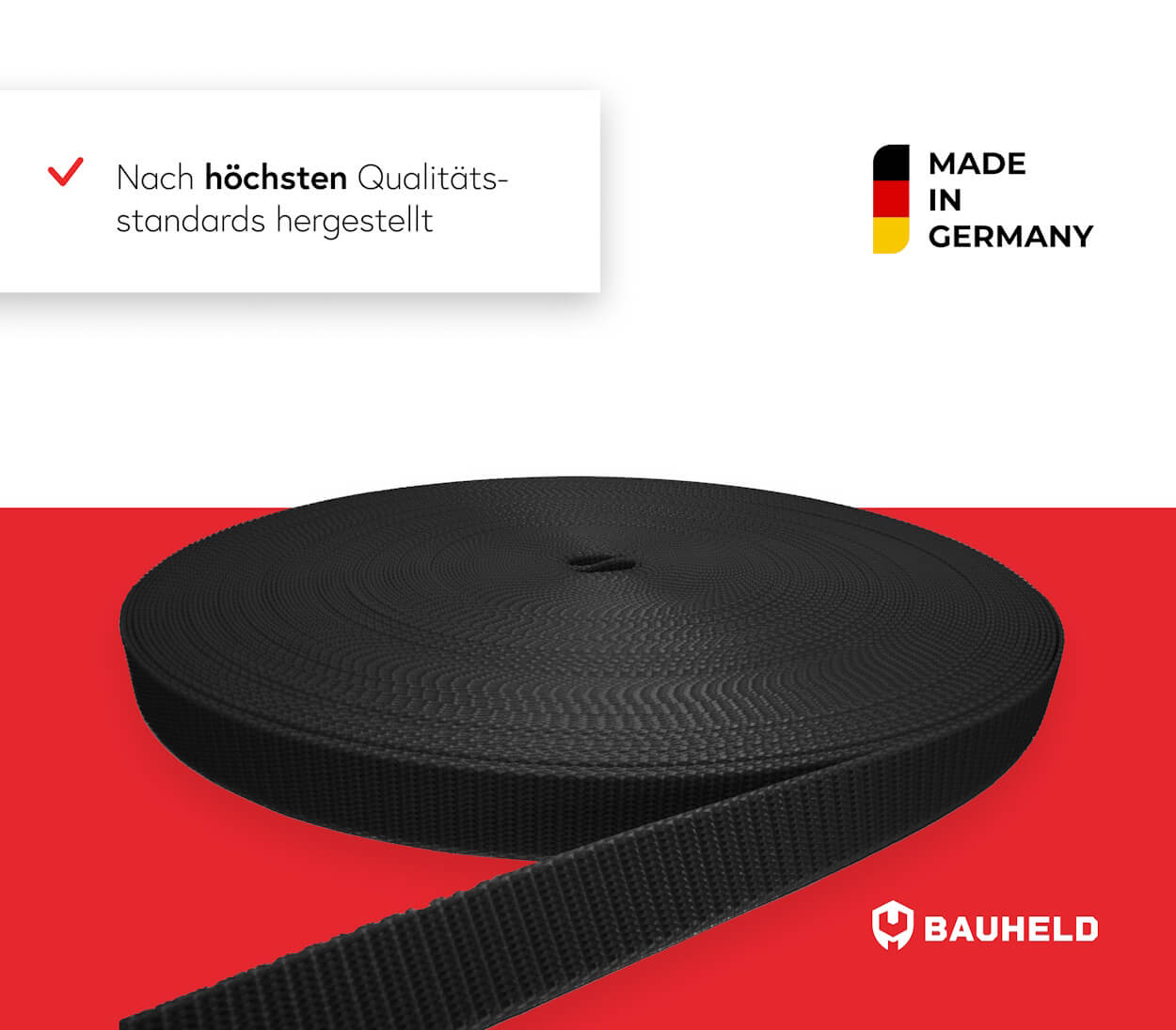 Eine schwarze Gewebebandrolle mit dem Logo von BAUHELD und dem Hinweis "Made in Germany".