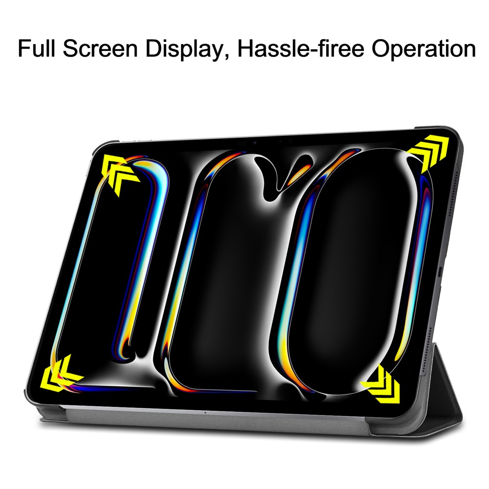 Tablet mit voller Bildschirmansicht und farbigen Linien, das auf einem Ständer steht.