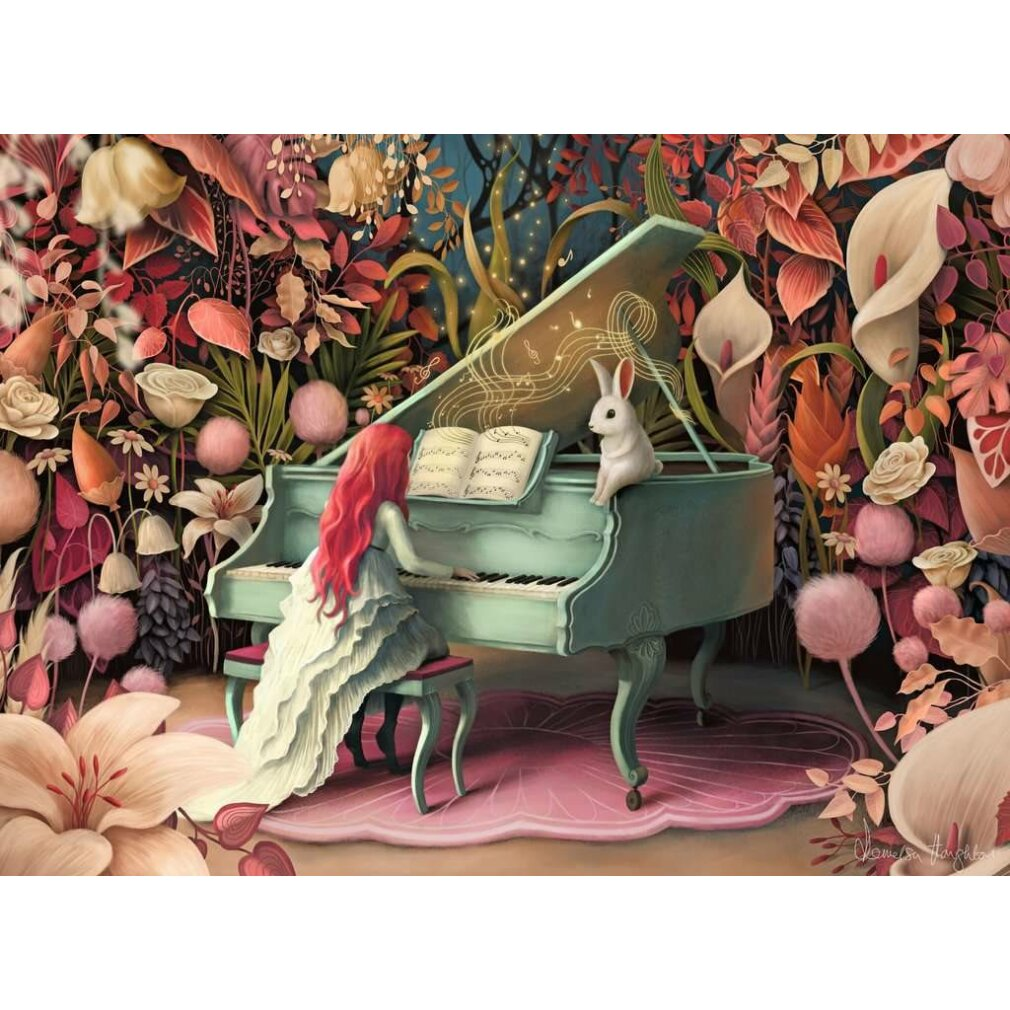 Una ragazza con i capelli rossi suona un pianoforte turchese circondata da fiori vivaci e un coniglio bianco.