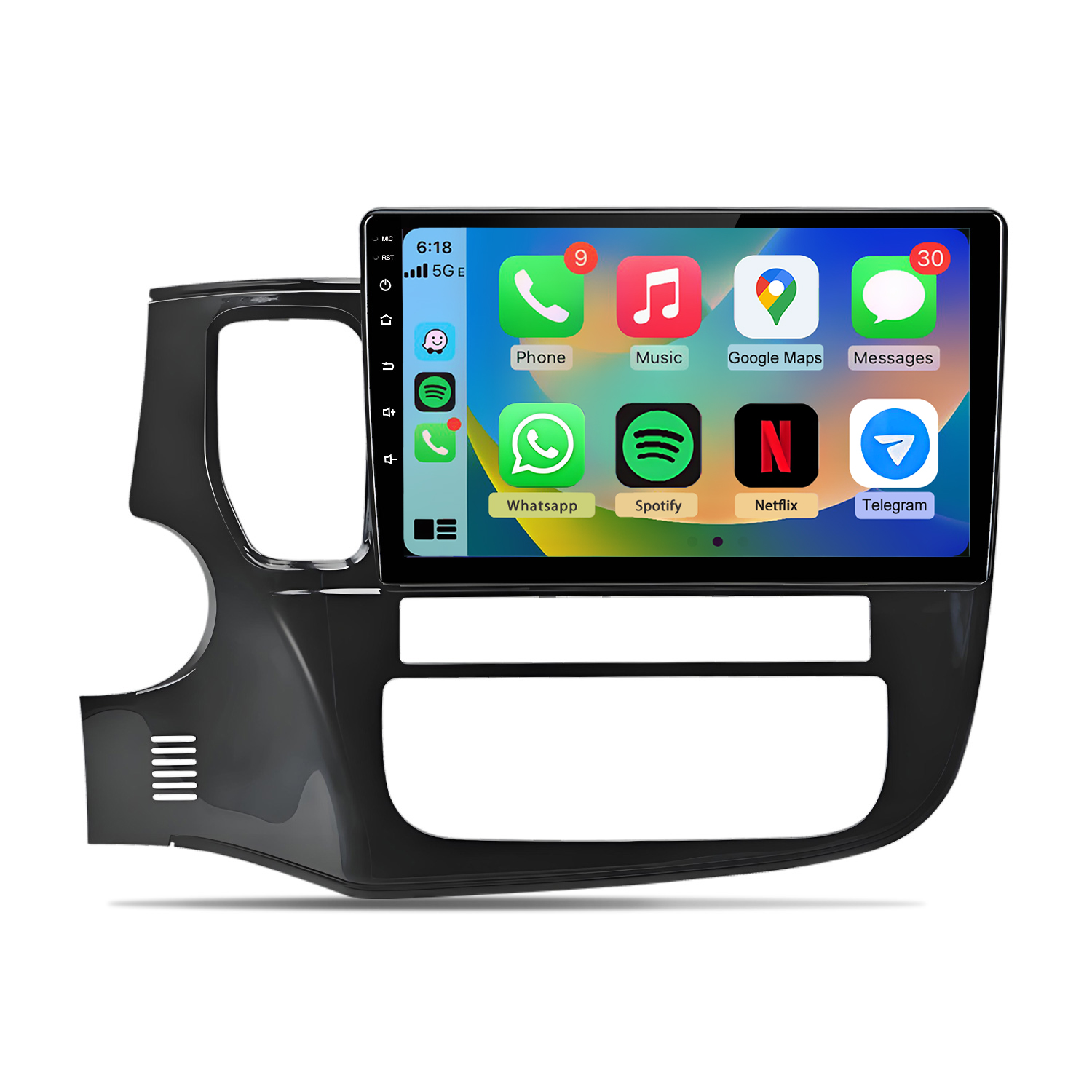 Auto-Armaturenbrett-Bildschirm mit Apps wie Telefon, Musik, Karten, Nachrichten, Netflix.