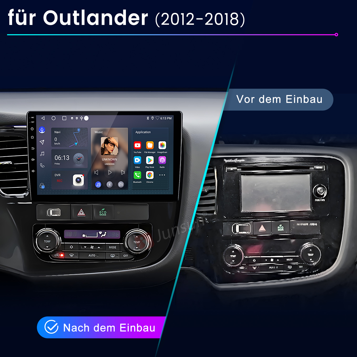 Vorher-Nachher-Vergleich eines Autoradios für Outlander (2012-2018).