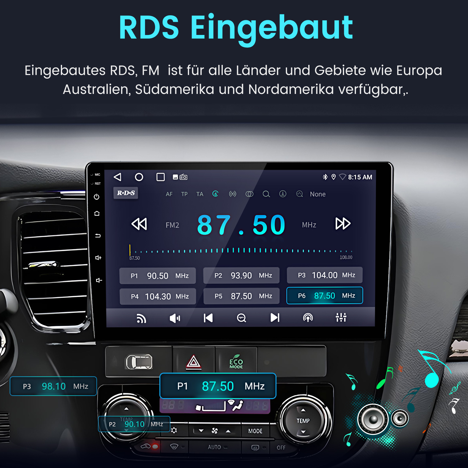 Autoradio-Bildschirm zeigt FM2 mit 87.50 MHz, Sender und Steuerelementen.