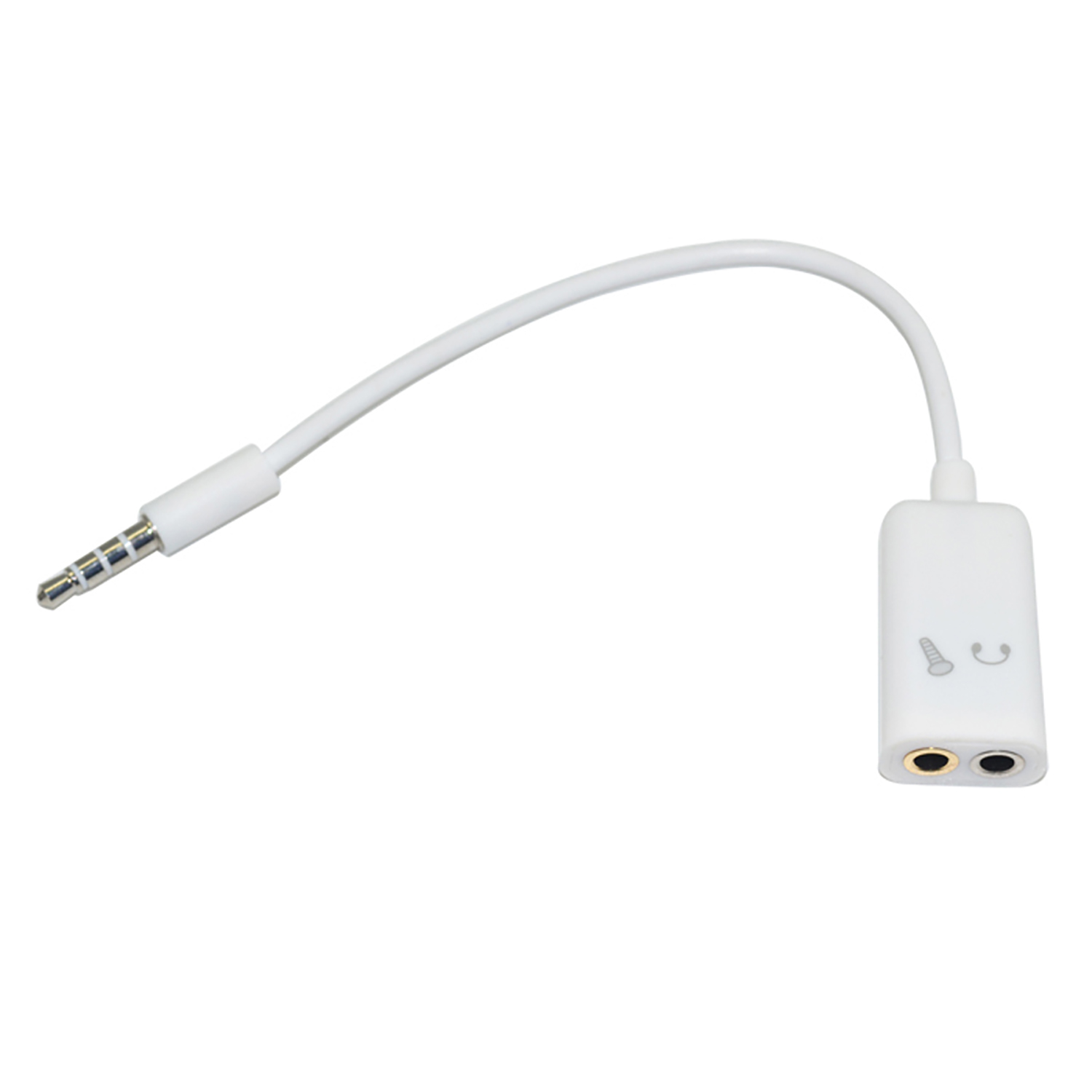 Uno splitter per cuffie bianco con jack da 3,5 mm e due prese.