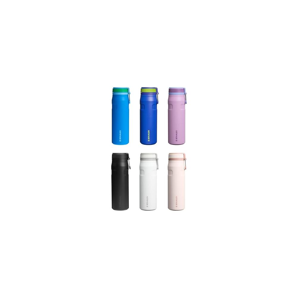 Seis botellas Stanley: azul, azul oscuro, morado, negro, blanco y rosa claro.