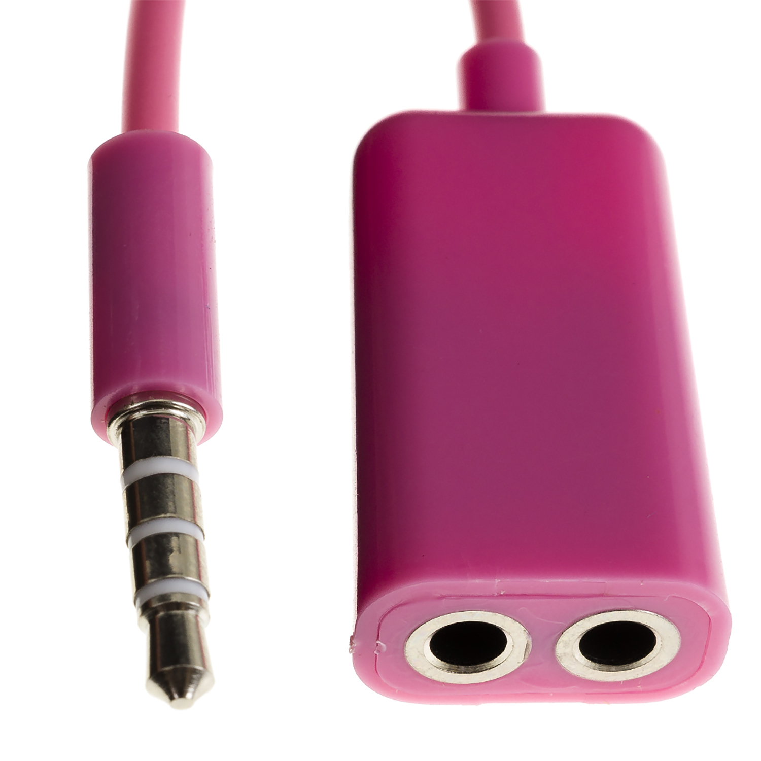 Uno splitter per cuffie rosa da 3,5 mm con due jack.