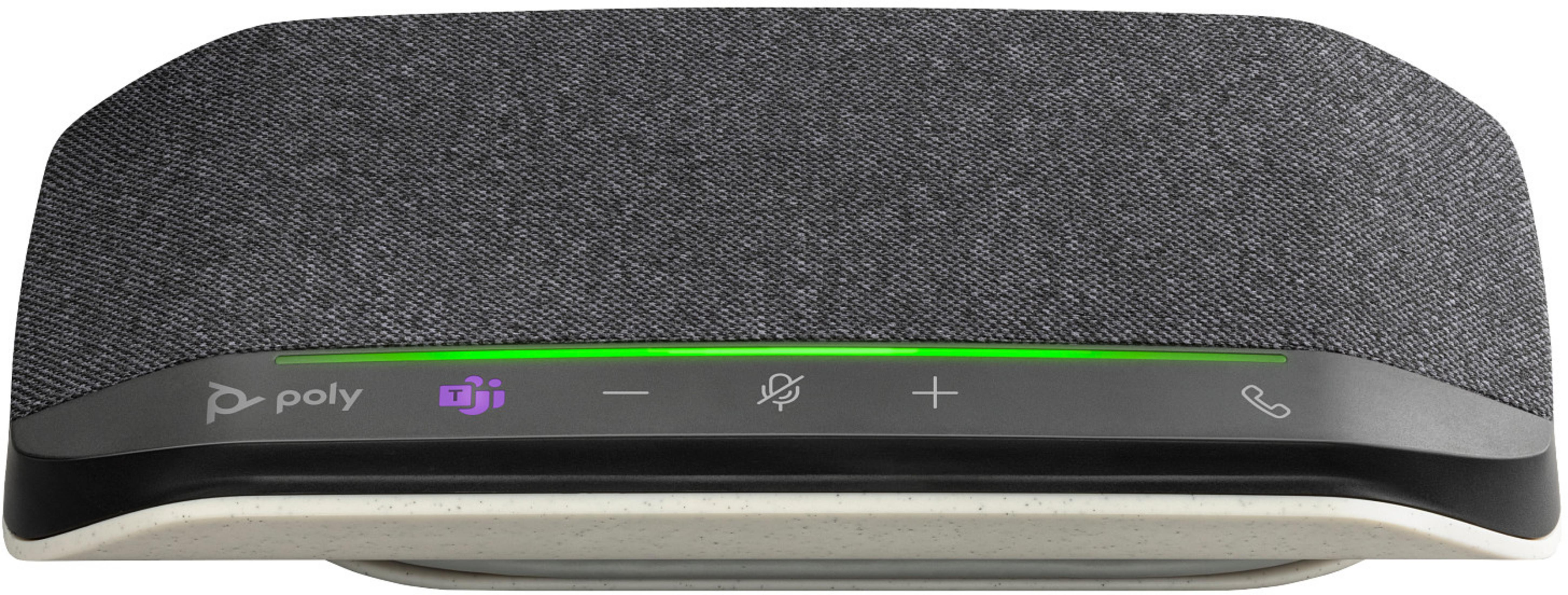 Un altoparlante Poly grigio con controlli touch e barra luminosa verde.