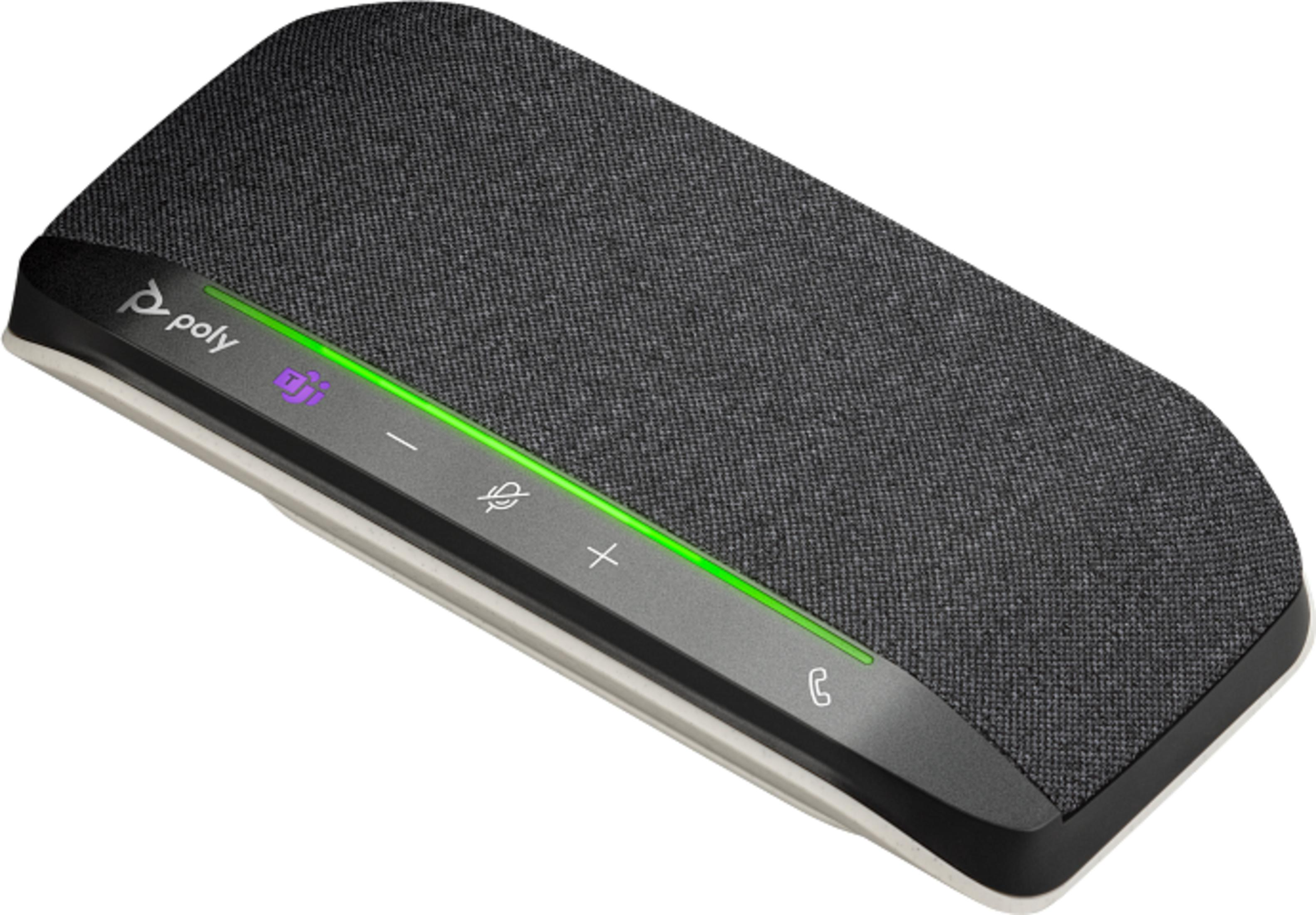 Un altoparlante Poly nero con pannello touch e barra LED verde.
