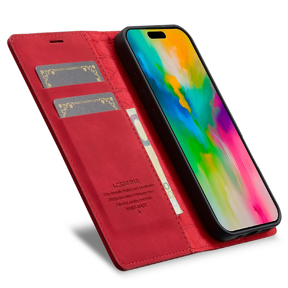 Custodia a portafoglio in pelle rossa con slot per carte e smartphone con schermo colorato.