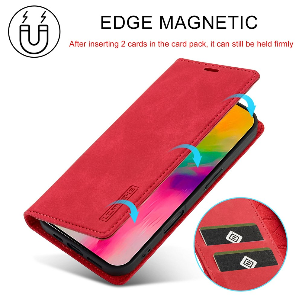 Custodia rossa per telefono con chiusura magnetica e slot per carte.