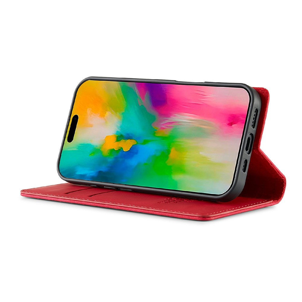 Custodia a libro rossa per telefono con sfondo colorato, primo piano.