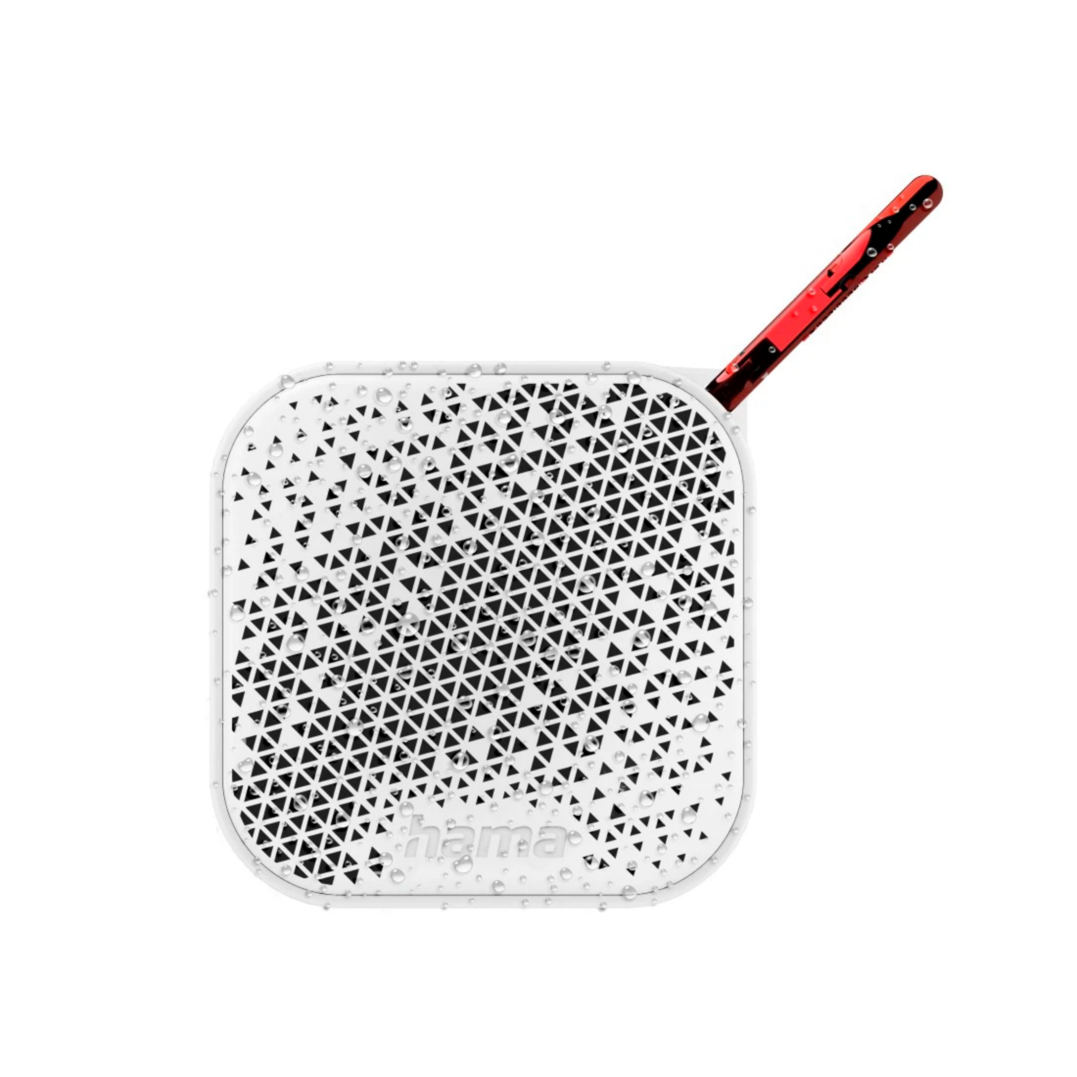 Un haut-parleur blanc avec une antenne rouge et des gouttelettes d'eau.