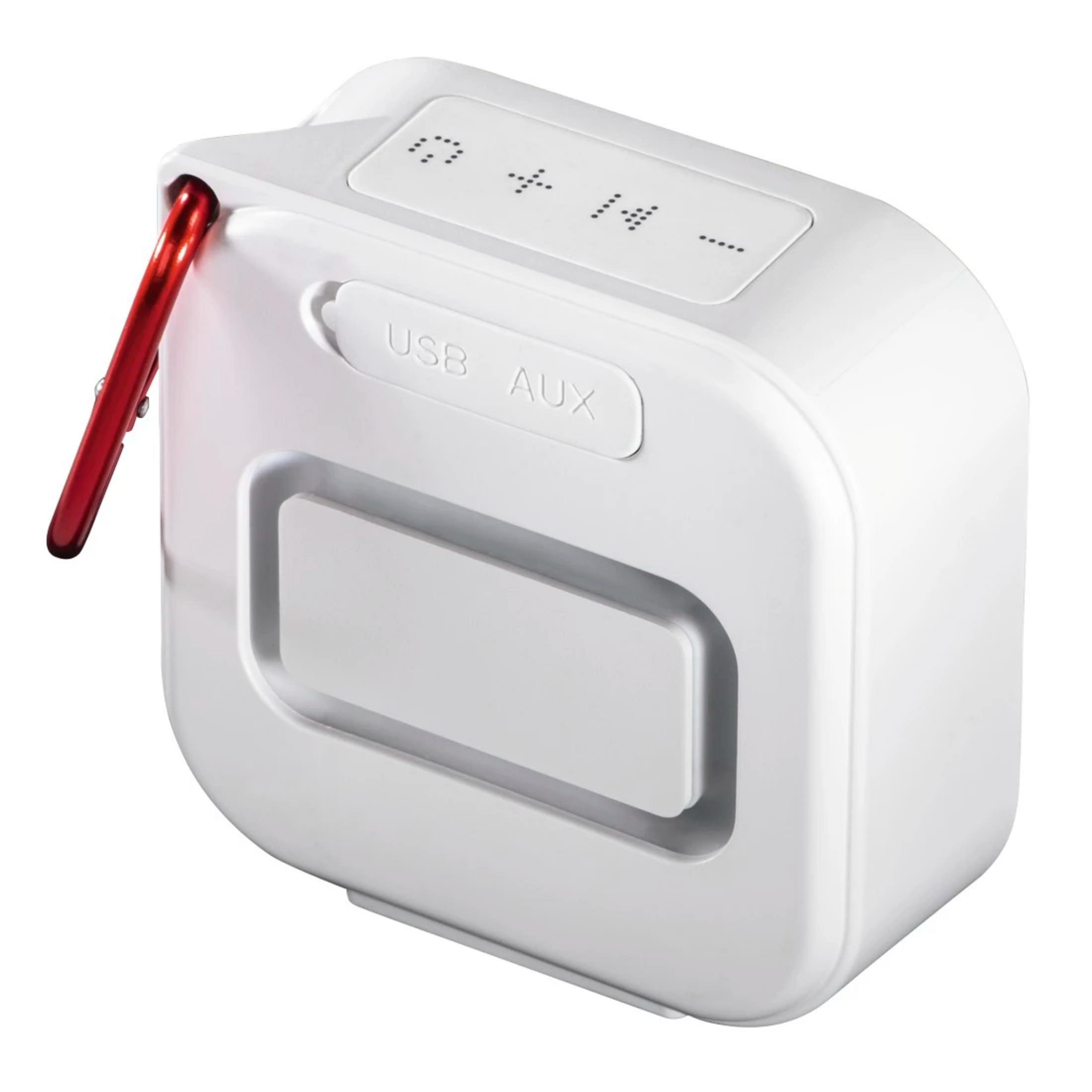Petit haut-parleur Bluetooth blanc avec mousqueton rouge. Ports USB/AUX visibles.