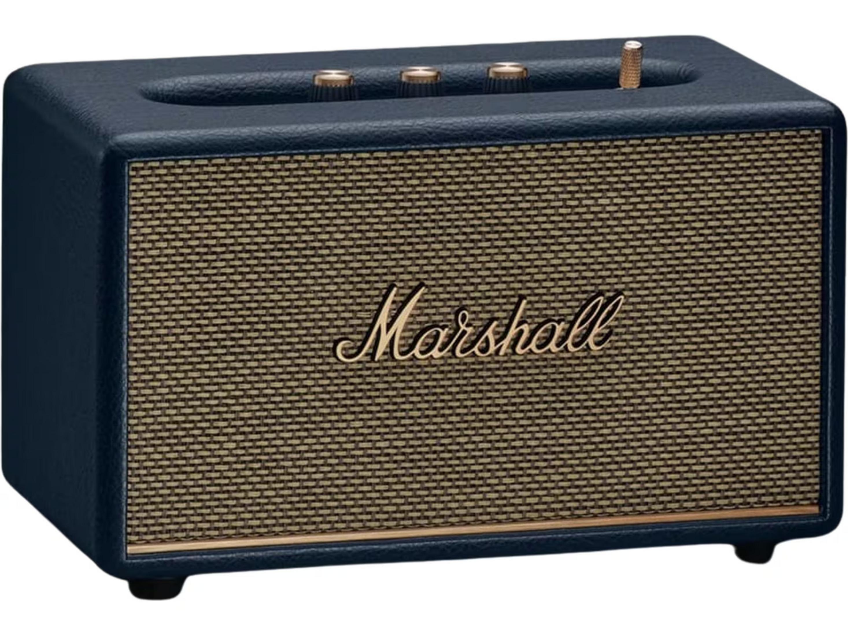 Dunkelblauer Marshall Lautsprecher mit goldenem Gitter und Bedienelementen.