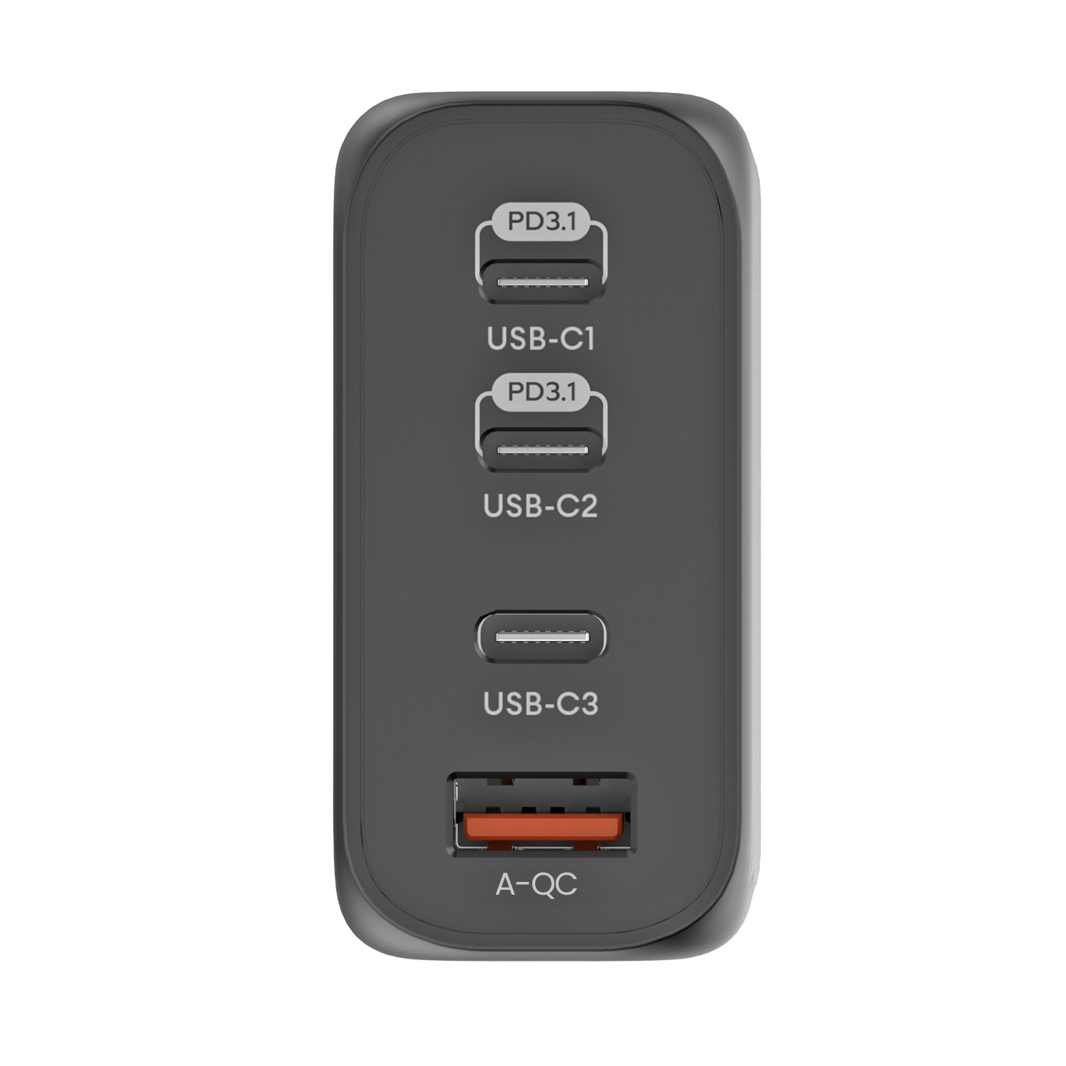 Cargador USB gris con tres puertos USB-C y un puerto USB-A.