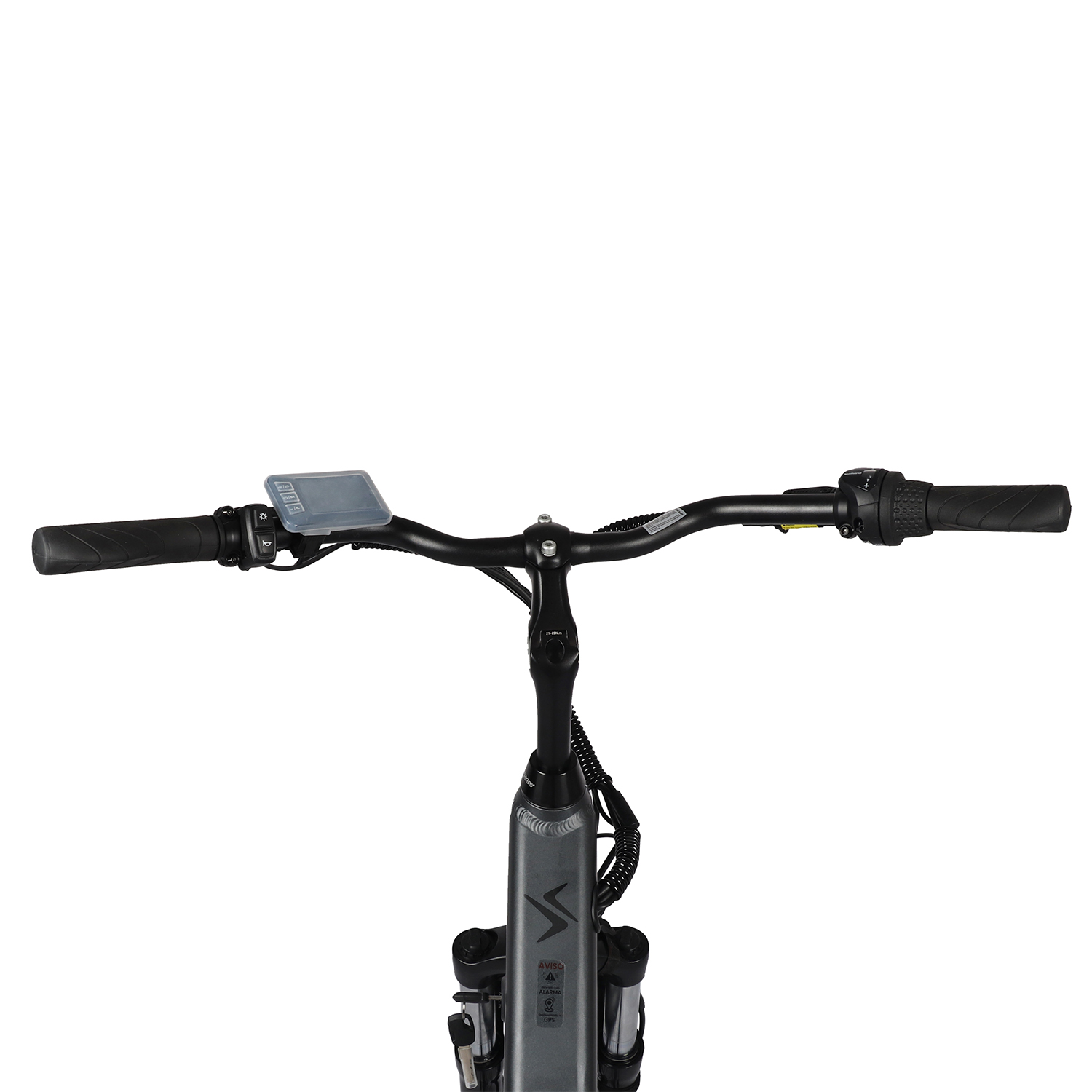 Manillar de una e-bike gris con pantalla, puños y controles.