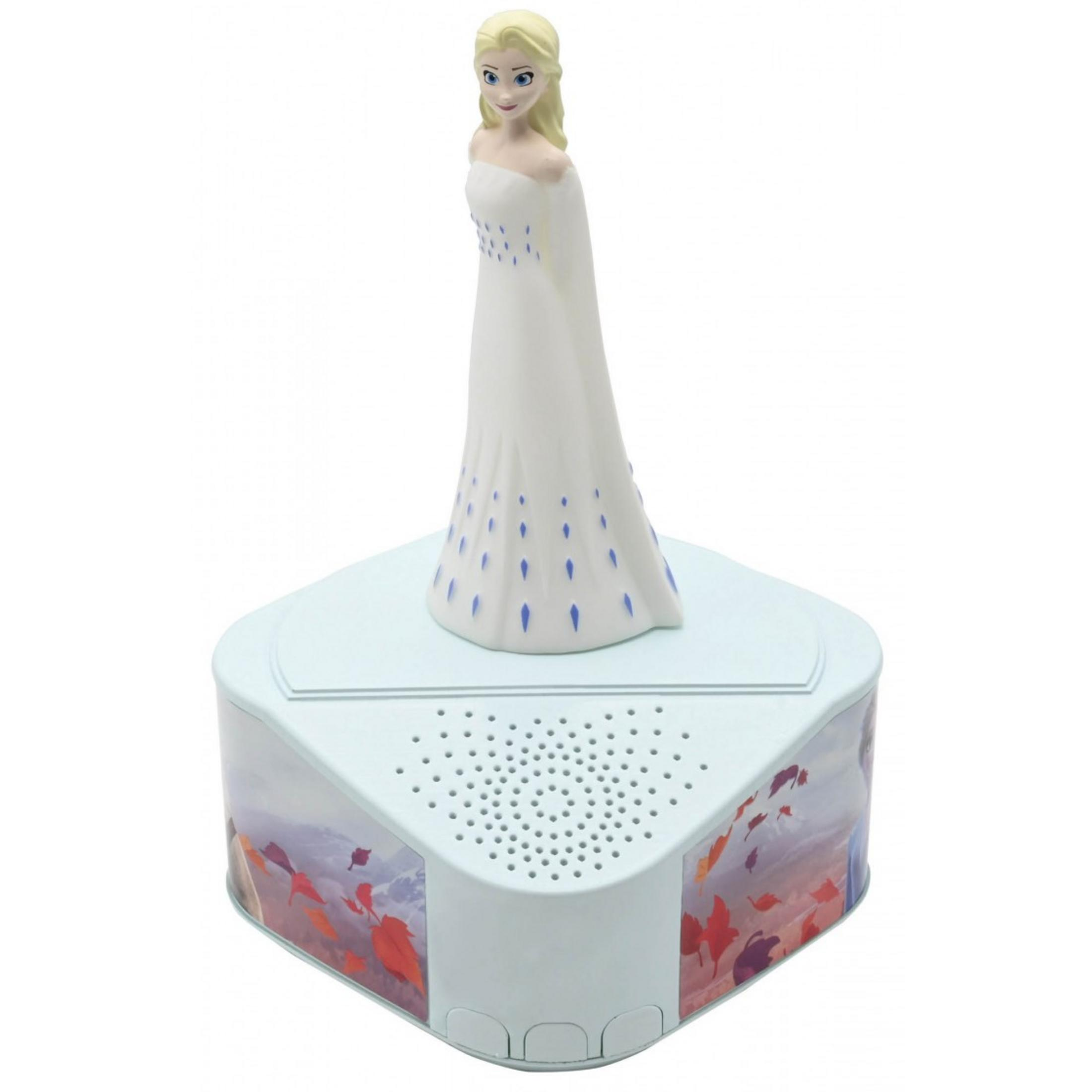 Figura di Elsa su una scatola azzurra con decoro a foglie e griglia altoparlante.