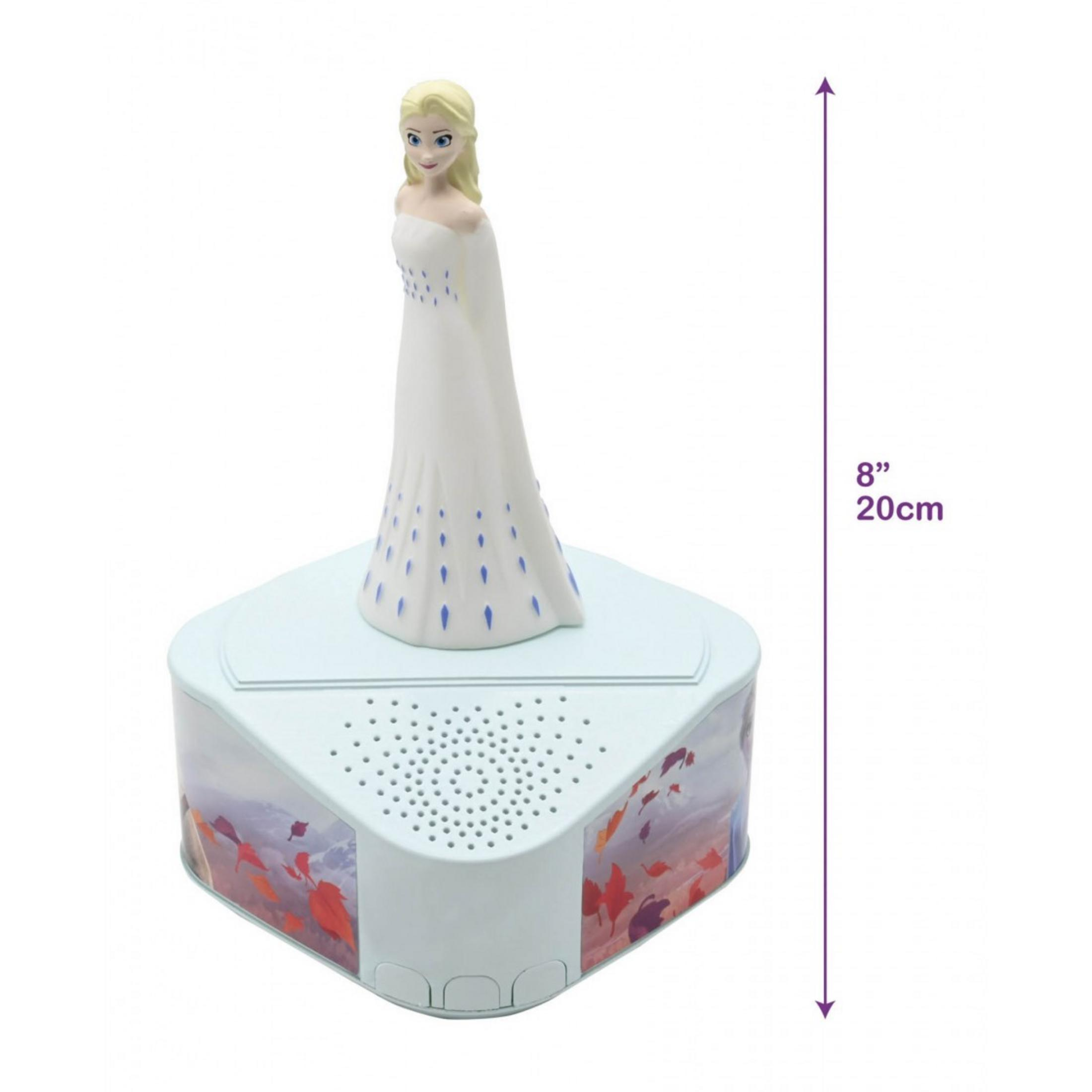 Statua di Elsa su un carillon azzurro con decoro a foglie e griglia dell'altoparlante.