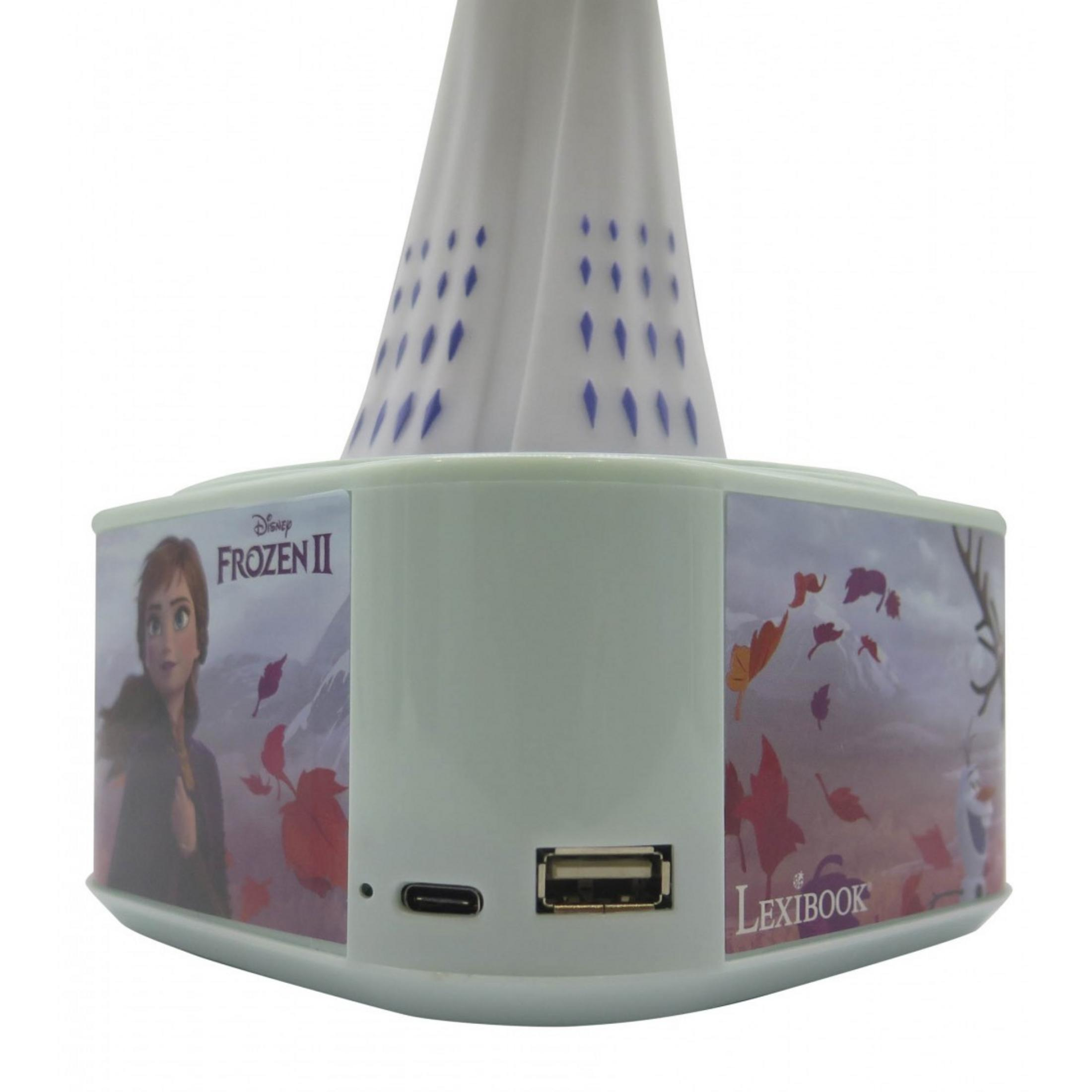 Un dispositivo Lexibook azzurro con personaggi di Frozen II, porte USB e USB-C.