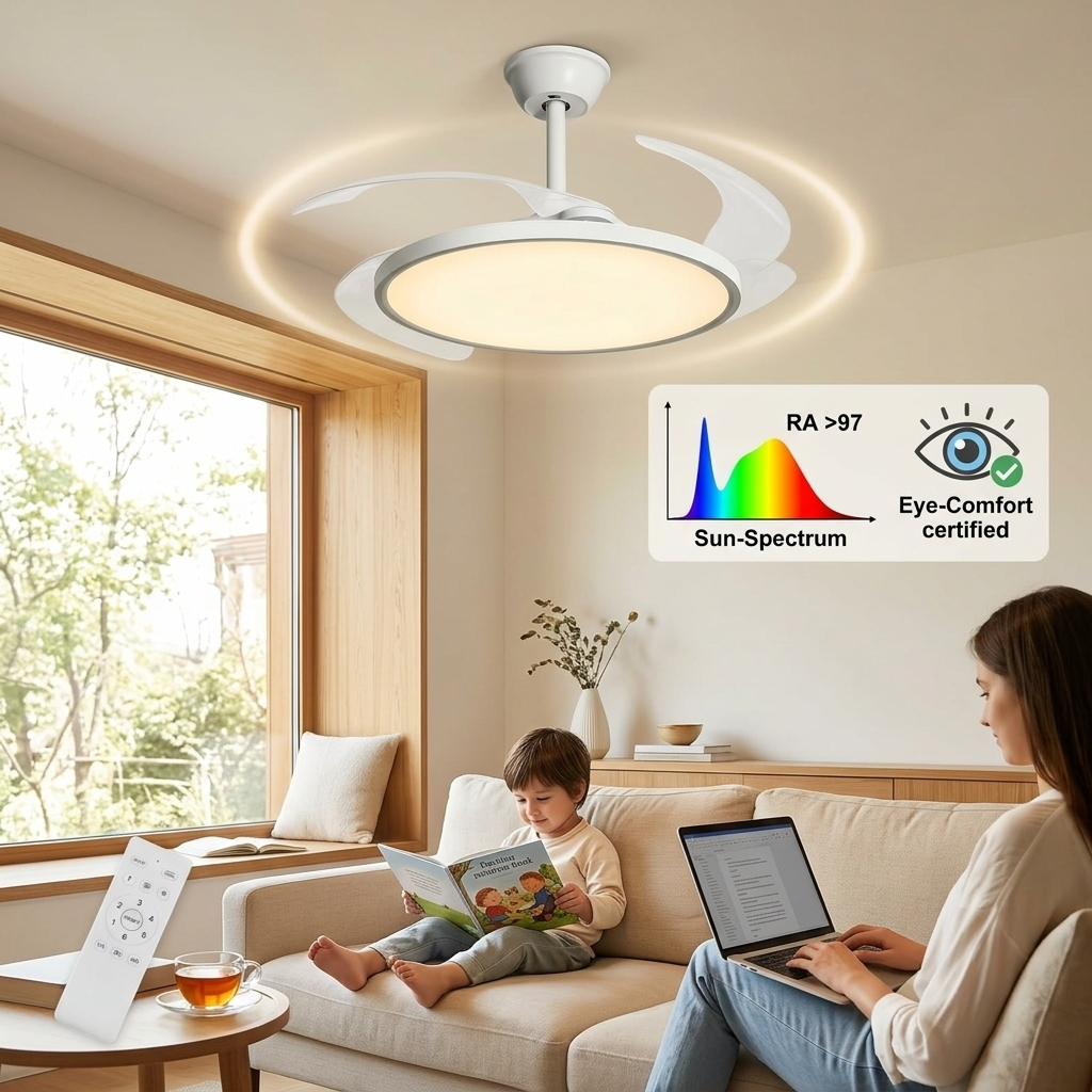 Un ventilador de techo blanco con luz ilumina una sala de estar donde un niño lee y una mujer trabaja en un portátil.