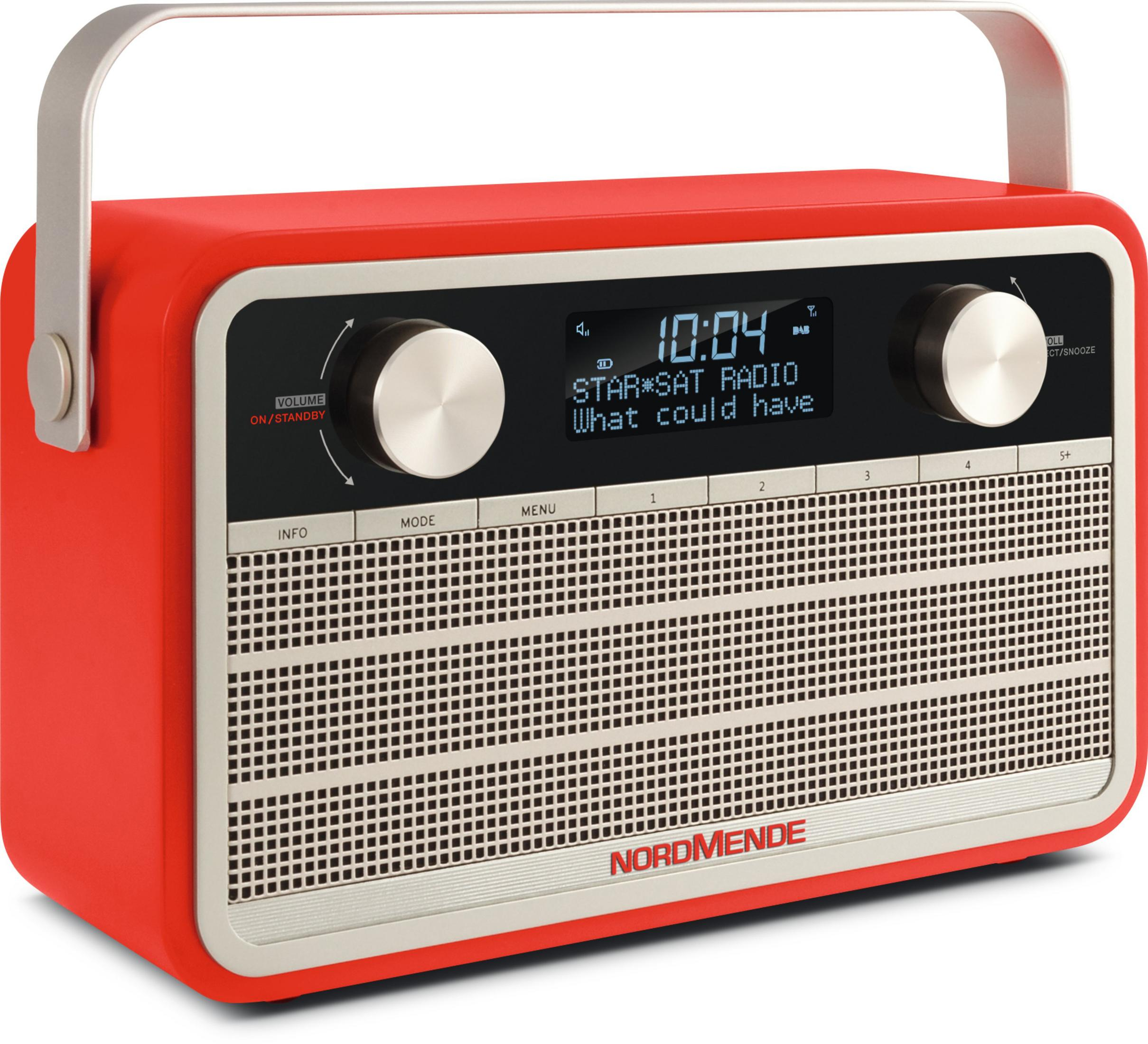 Una radio Nordmende rossa con manico argentato, manopole e griglia altoparlante.
