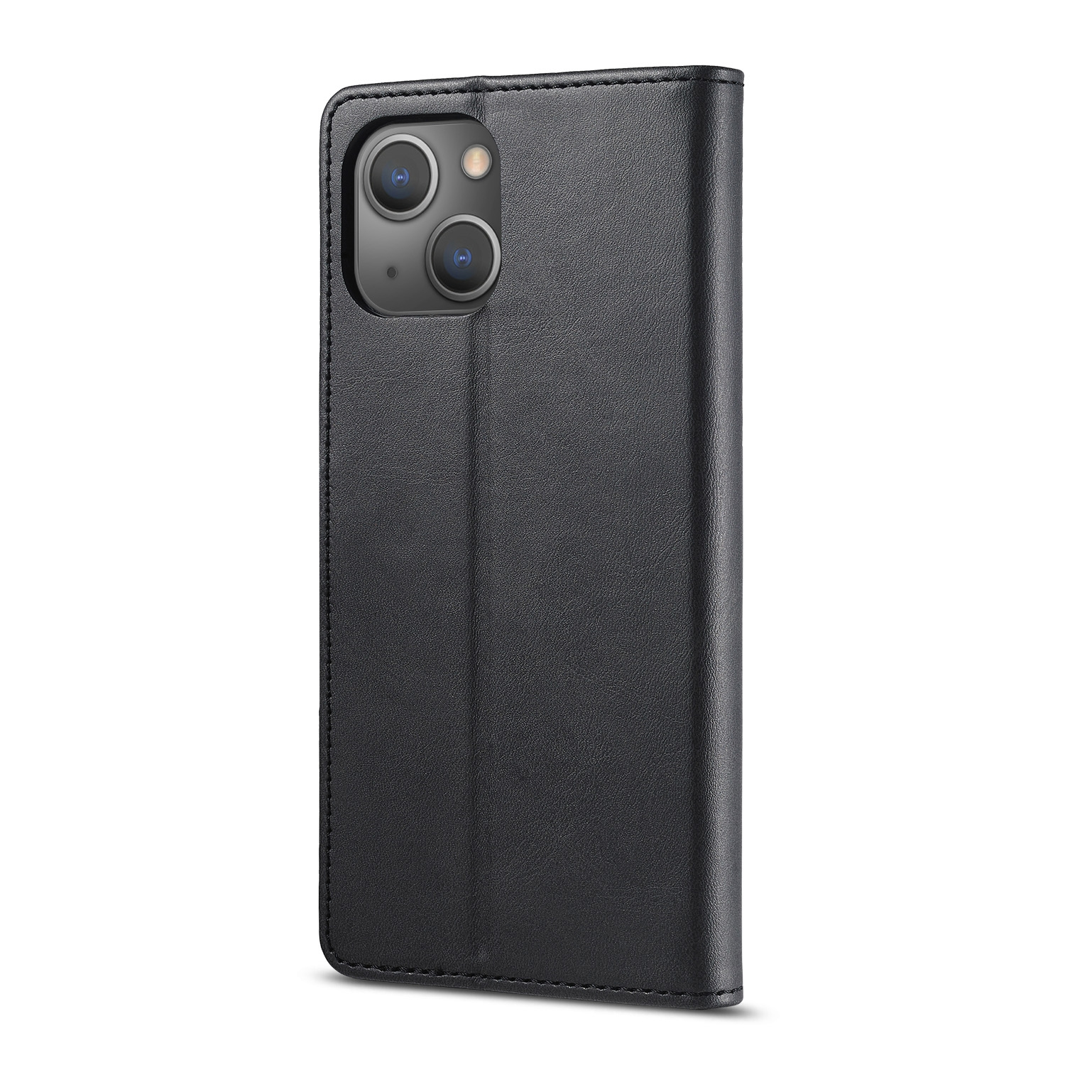 Custodia a libro in pelle nera per smartphone con ritaglio fotocamera.