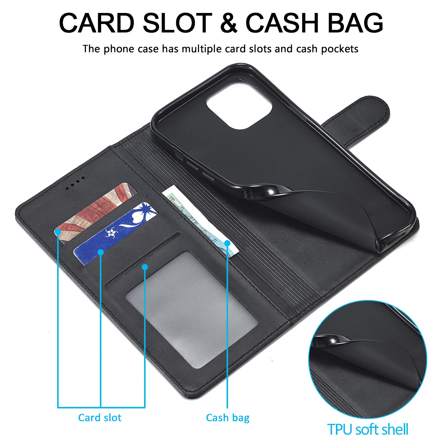 Étui portefeuille noir pour téléphone avec fentes pour cartes et poche.
