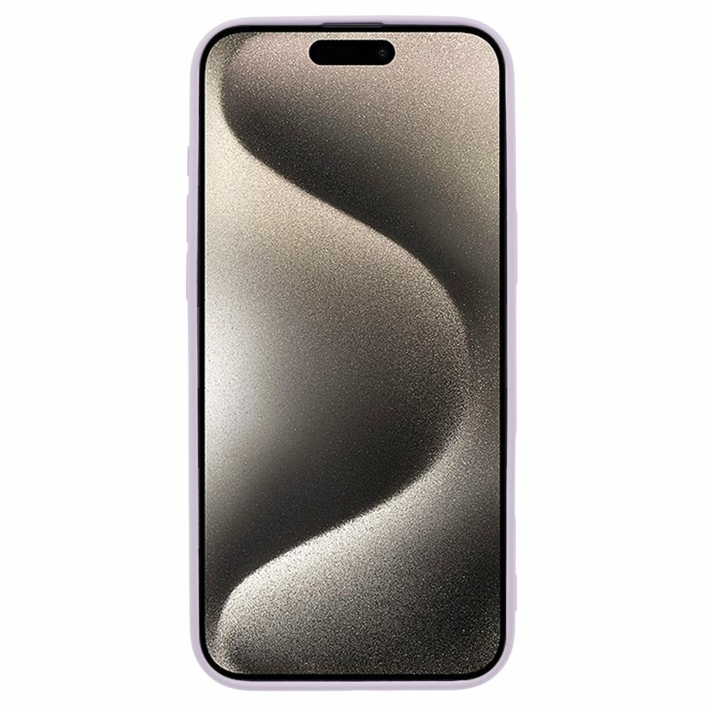 Uno smartphone viola chiaro con uno sfondo grigio stilizzato.