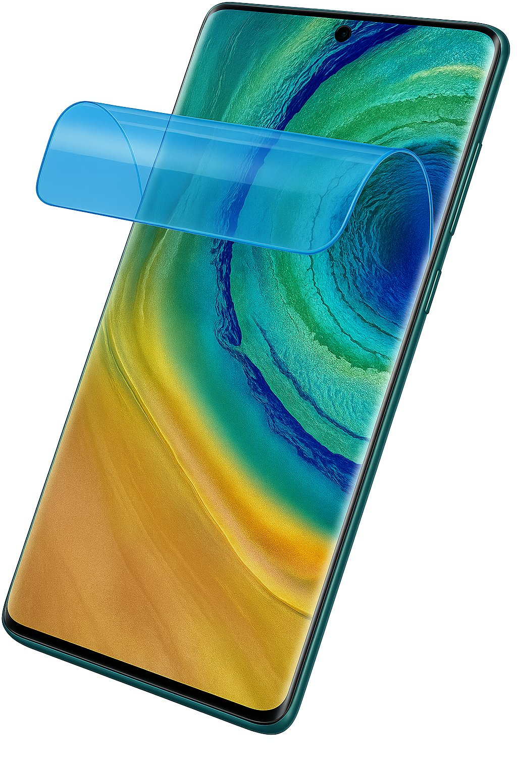 Un teléfono inteligente con un protector de pantalla azul, que se curva.