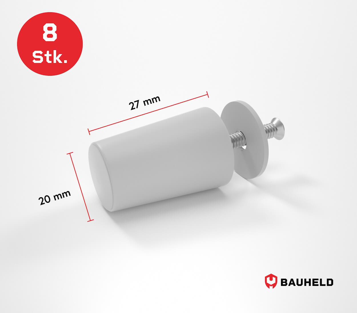 8 weiße Abstandhalter, 20x27mm, mit Schraube und Unterlegscheibe.