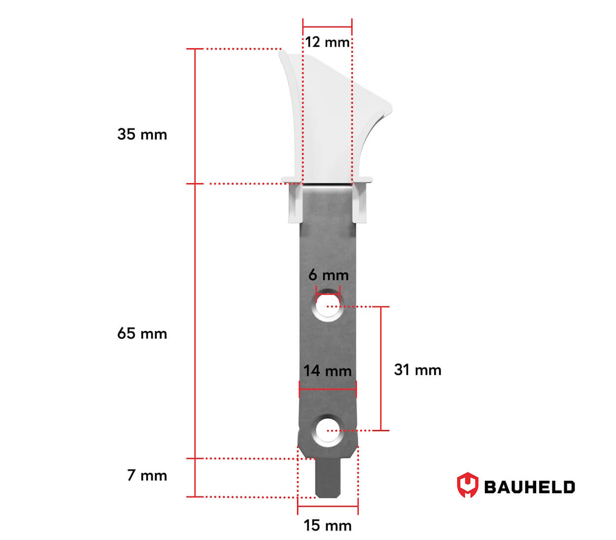 Technische Zeichnung mit Maßen einer weißen und silbernen Halterung mit Bauheld-Logo.
