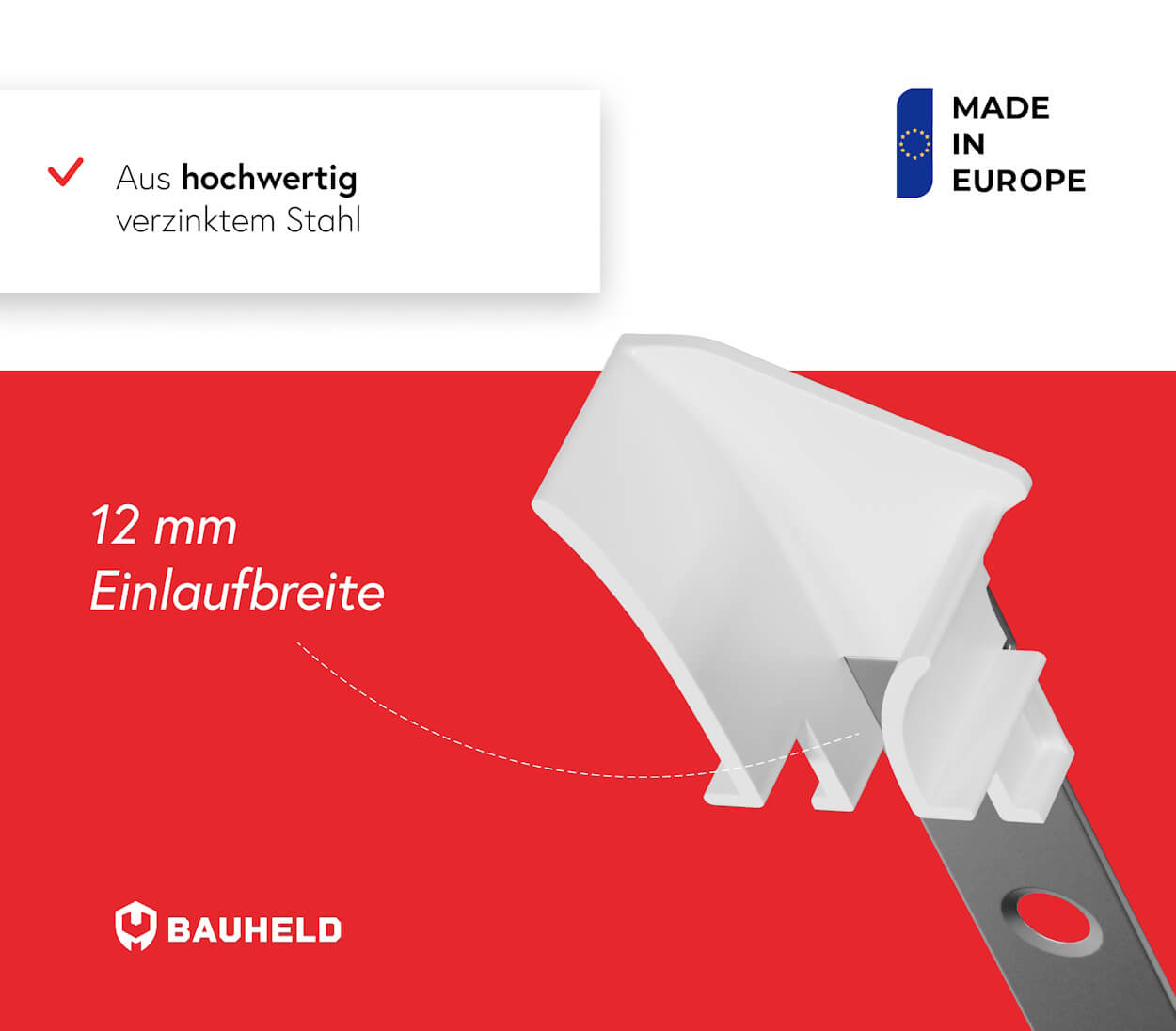 Ein weißes Bauteil mit Metalleinsatz und der Aufschrift "Made in Europe".