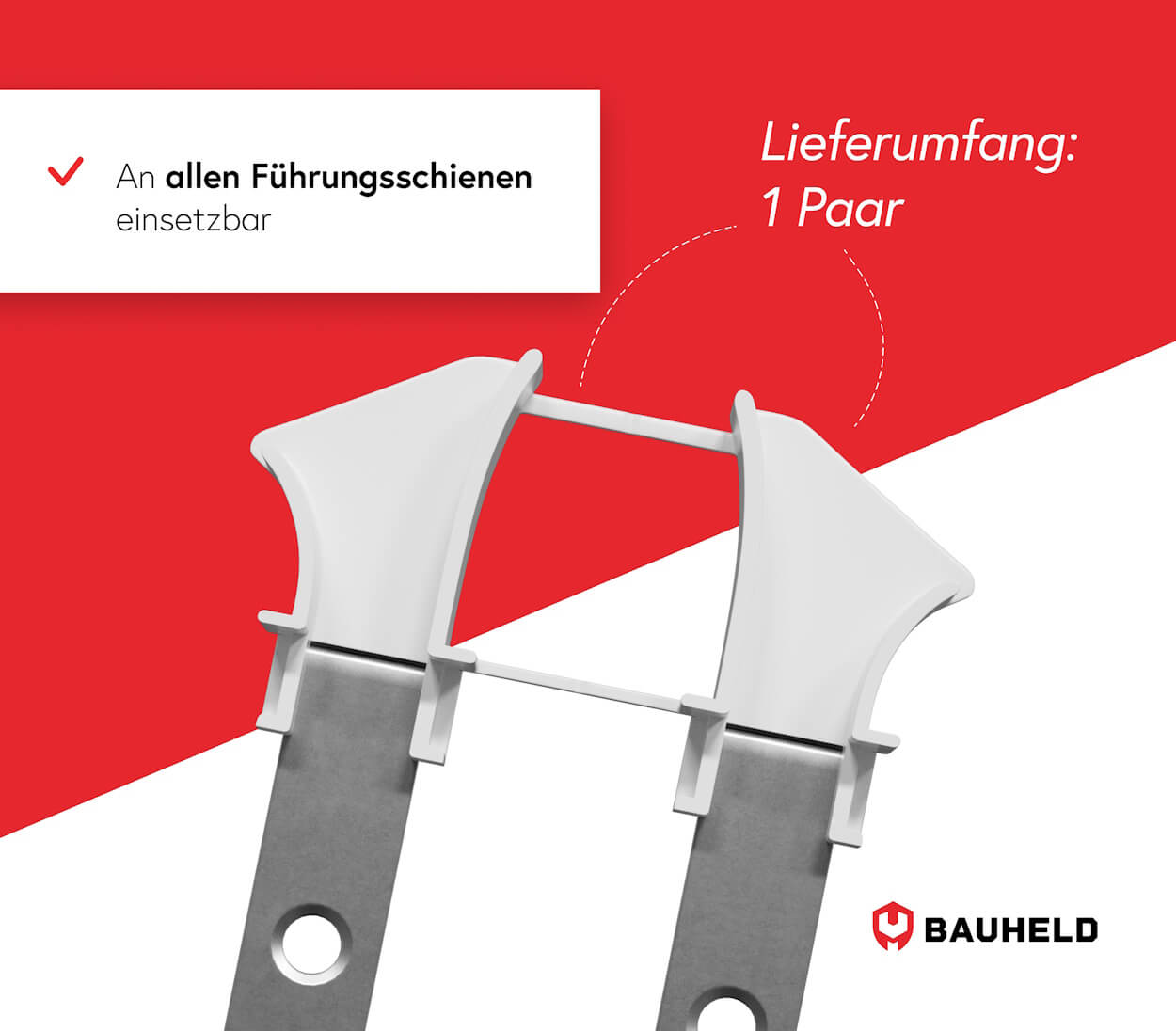 Weiße Kunststoff- und Metallhalterung, Teil eines Paares, roter Hintergrund.