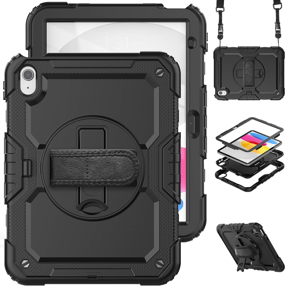 Custodia protettiva nera per tablet con cinturino e supporto.