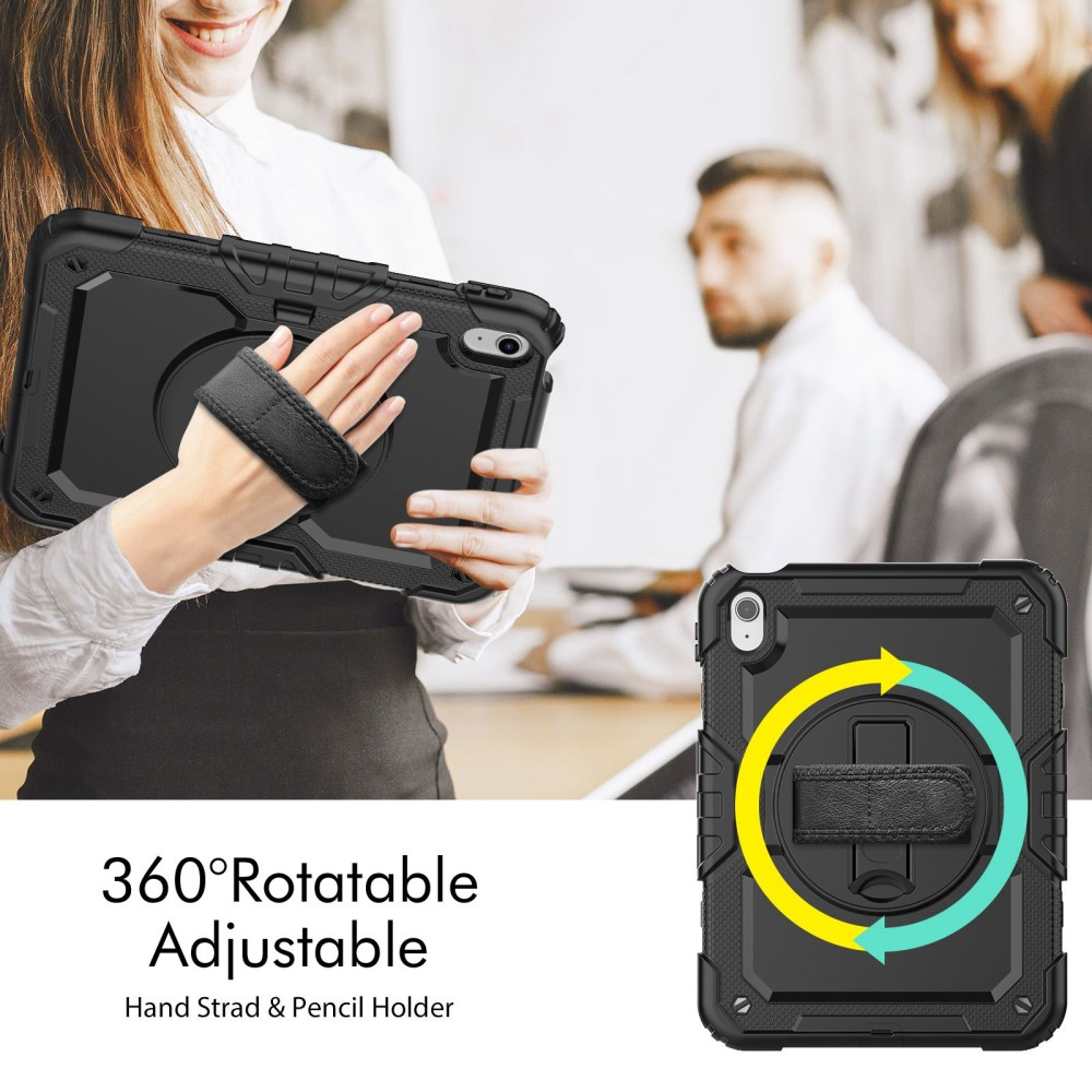 Custodia nera per tablet con cinturino regolabile e rotazione 360°.