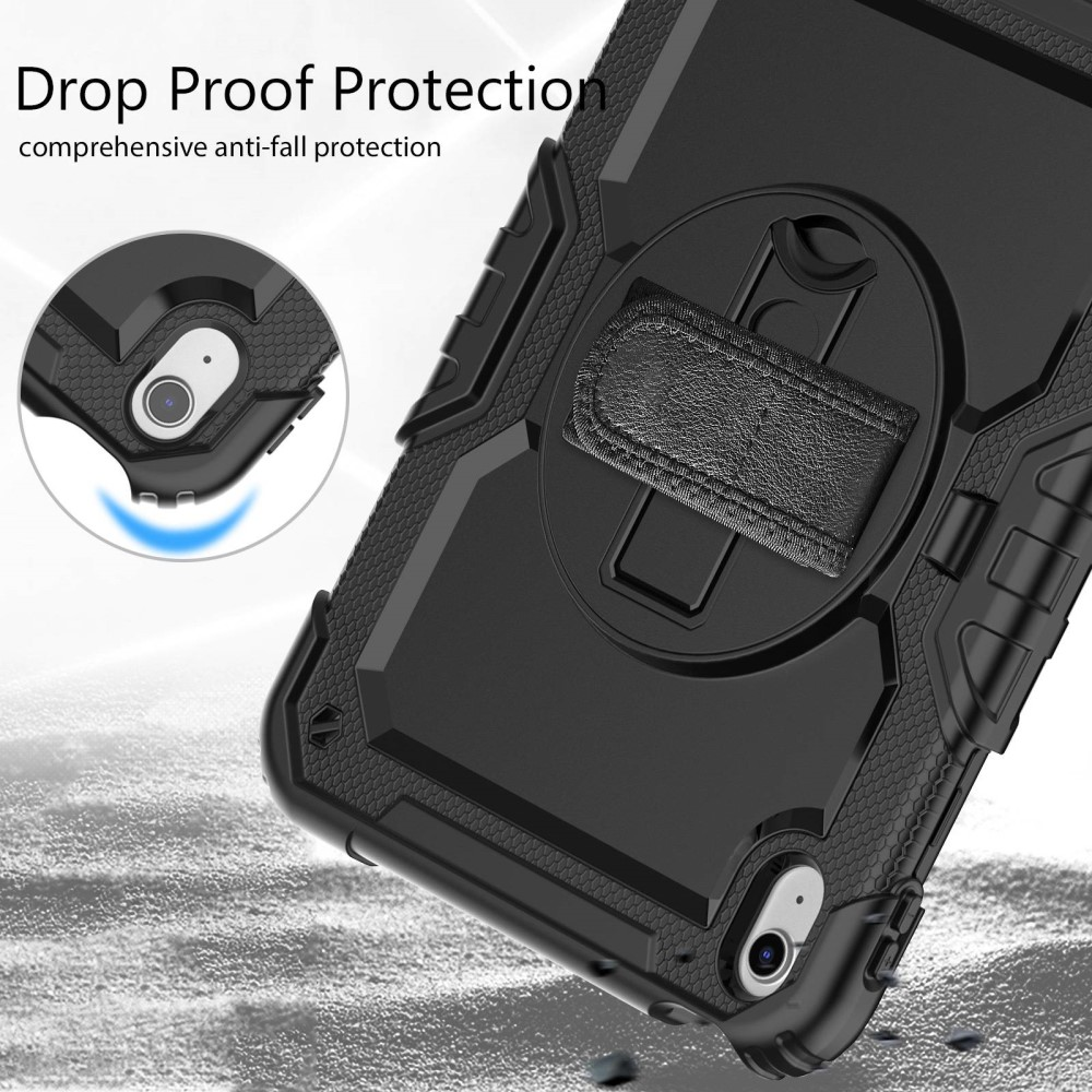 Custodia nera per tablet con supporto e cinturino integrati.