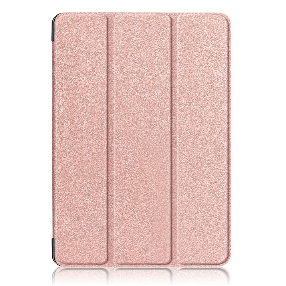Ein schlichter, rosafarbener Tablet-Ständer mit drei Faltklappen, auf weißem Hintergrund.