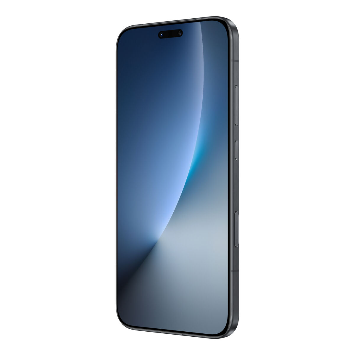 Ciemny smartfon z tapetą w kolorach niebieskim i szarym.
