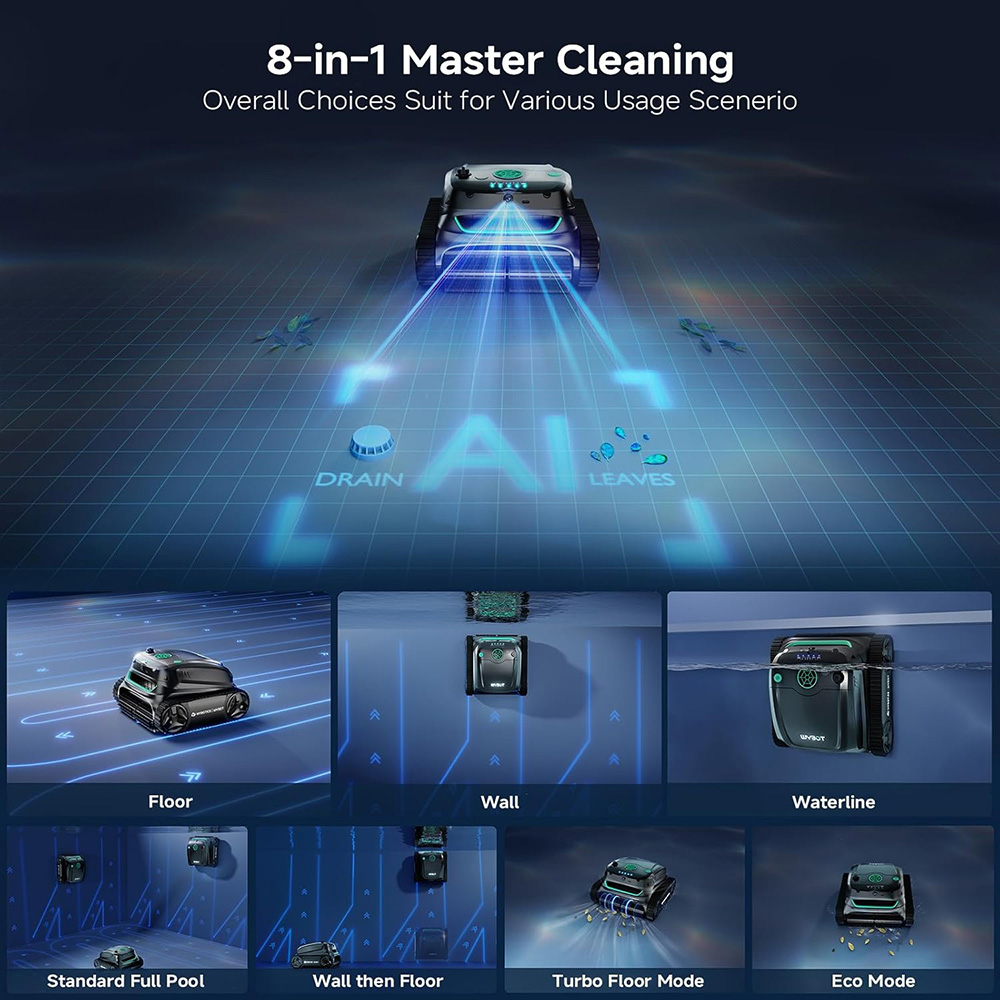Ein Poolreiniger in 8 Modi: Boden, Wand, Wasserlinie, Vollpool, Wand/Boden, Turbo, Eco.