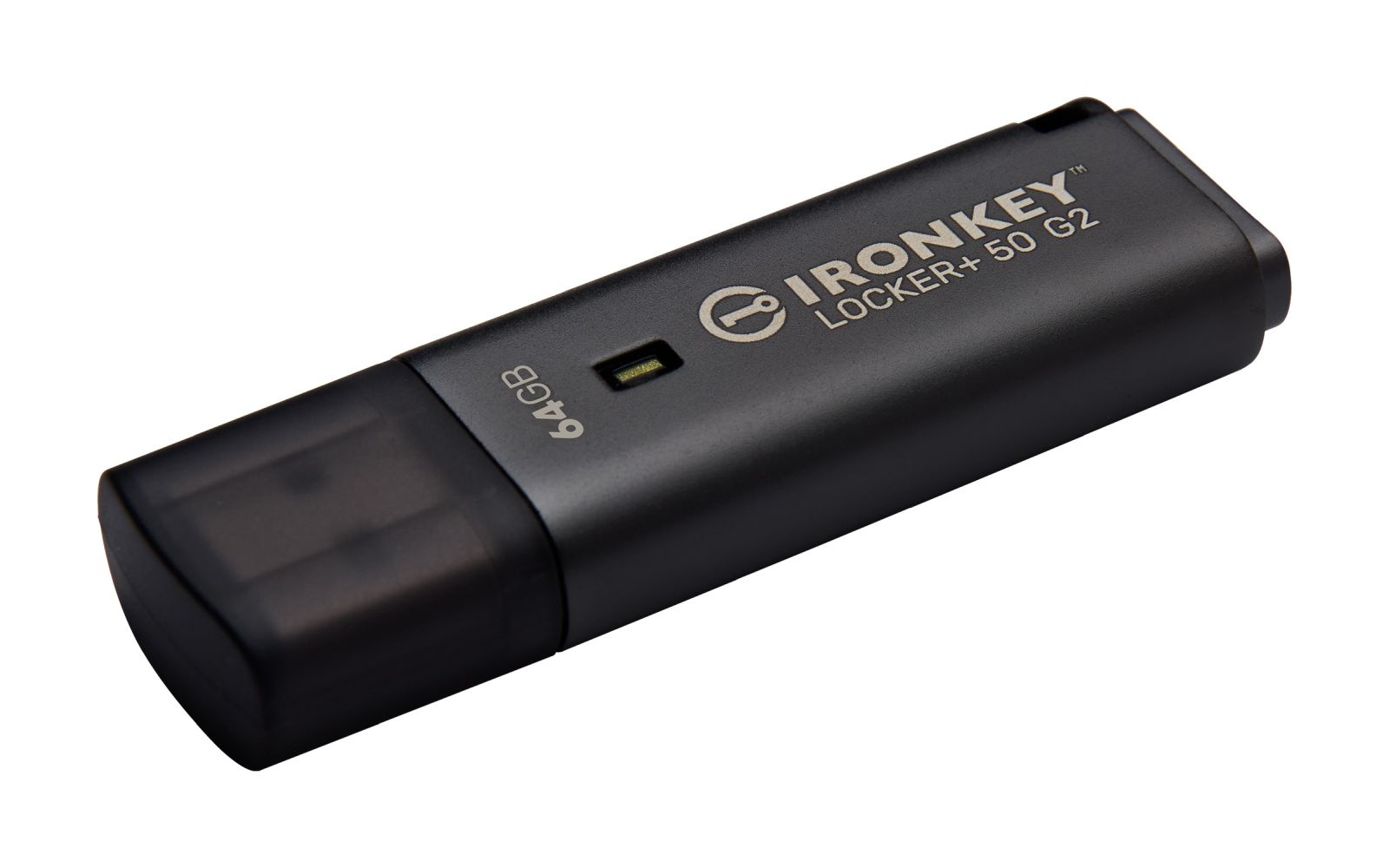 Schwarzer USB-Stick mit 64 GB Speicherplatz, Marke IronKey Locker+ 50 G2.