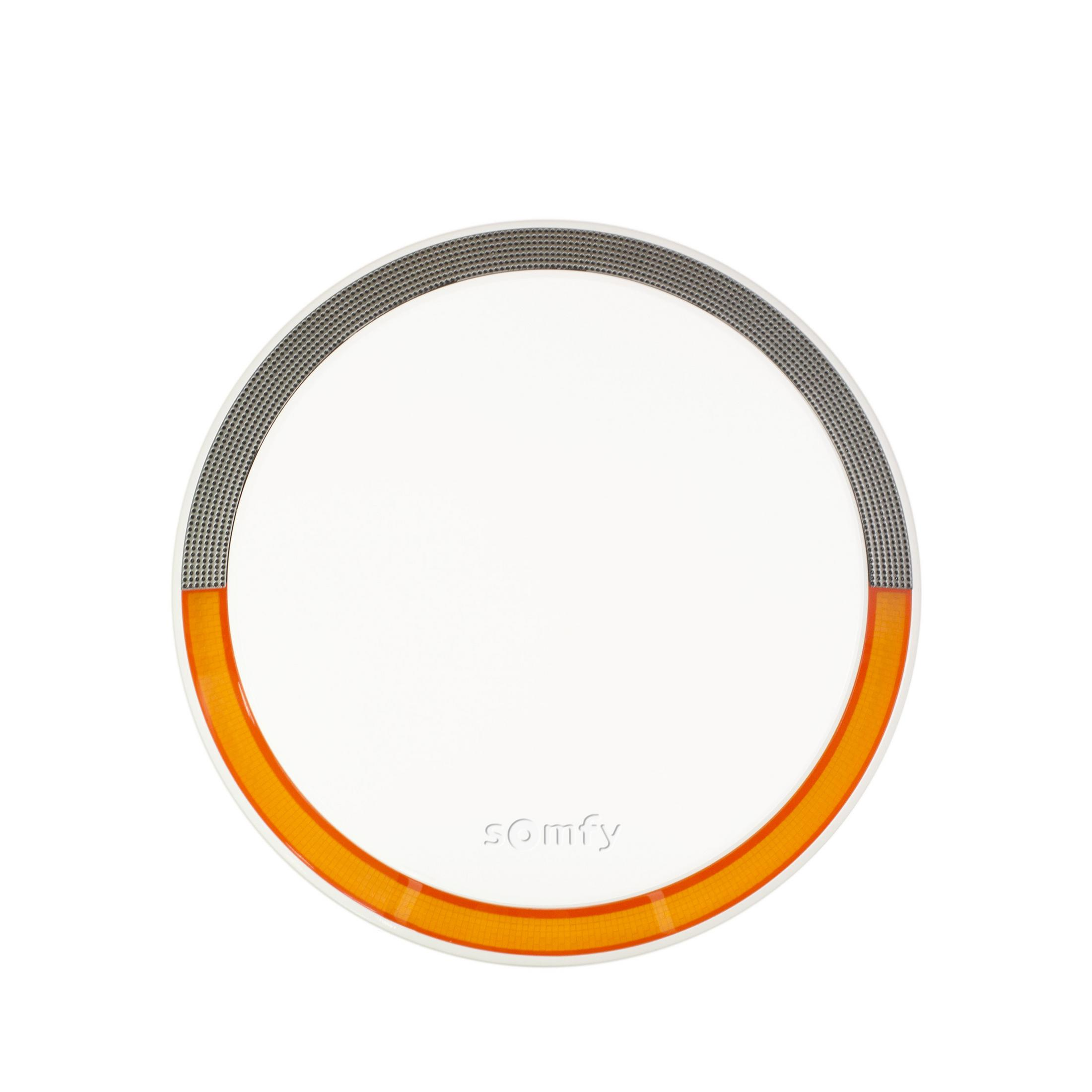 Ein weißer, runder Somfy-Sensor mit orange-grauem Ring und Lochmuster.