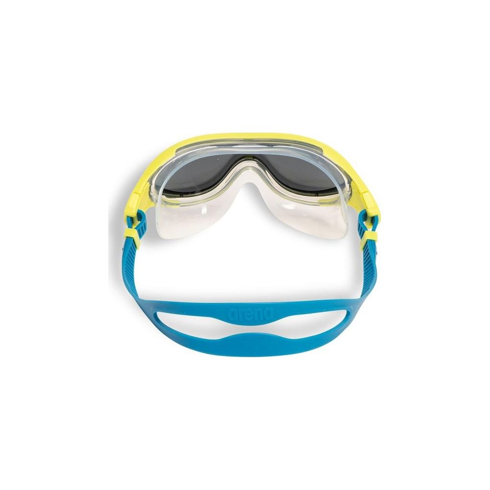 Gelbe und blaue Schwimmbrille mit klaren Gläsern und dunkler Tönung.