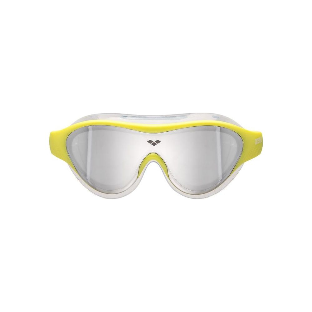 Gelbe Schwimmbrille mit silbernen Gläsern und weißem Rahmen.