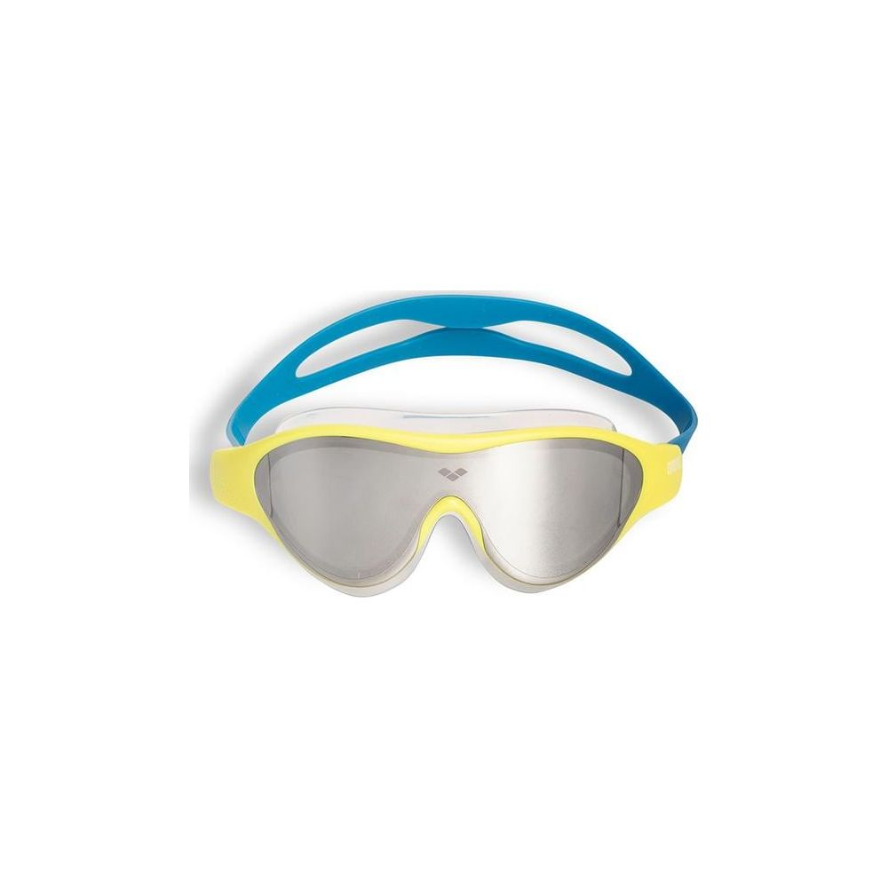 Gelbe Schwimmbrille mit blauem Band und verspiegelten Gläsern.