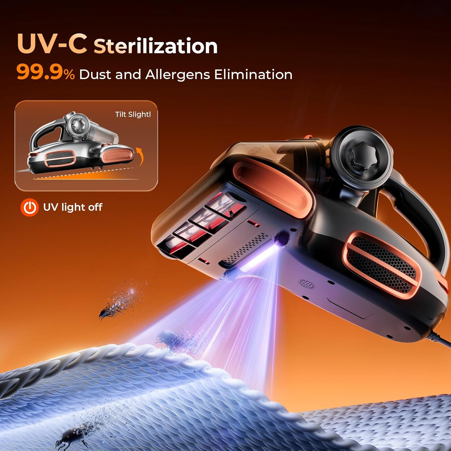 Ein Handstaubsauger mit UV-Licht sterilisiert eine Matratze und tötet Staubmilben ab.