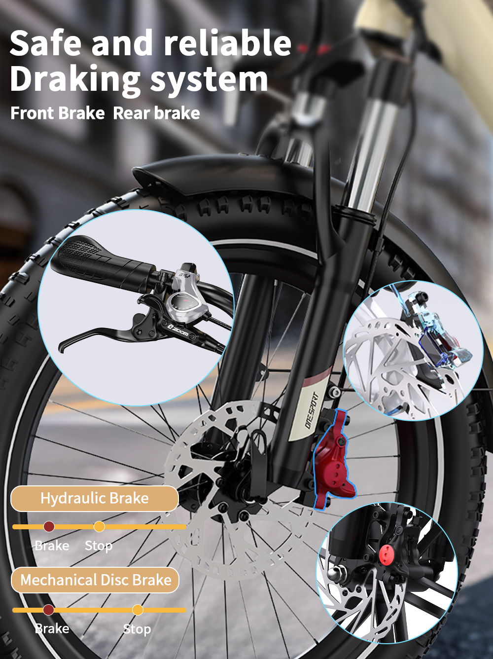 Sistema de frenos de bicicleta con primeros planos de frenos hidráulicos y de disco.